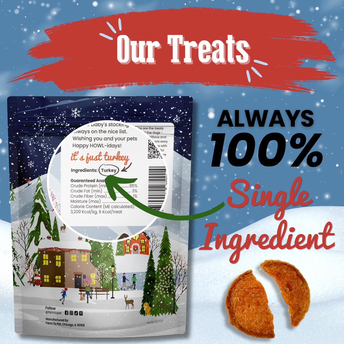 Holiday Turkey Chips label: always 100% turkey breast, single-ingredient holiday dog treats