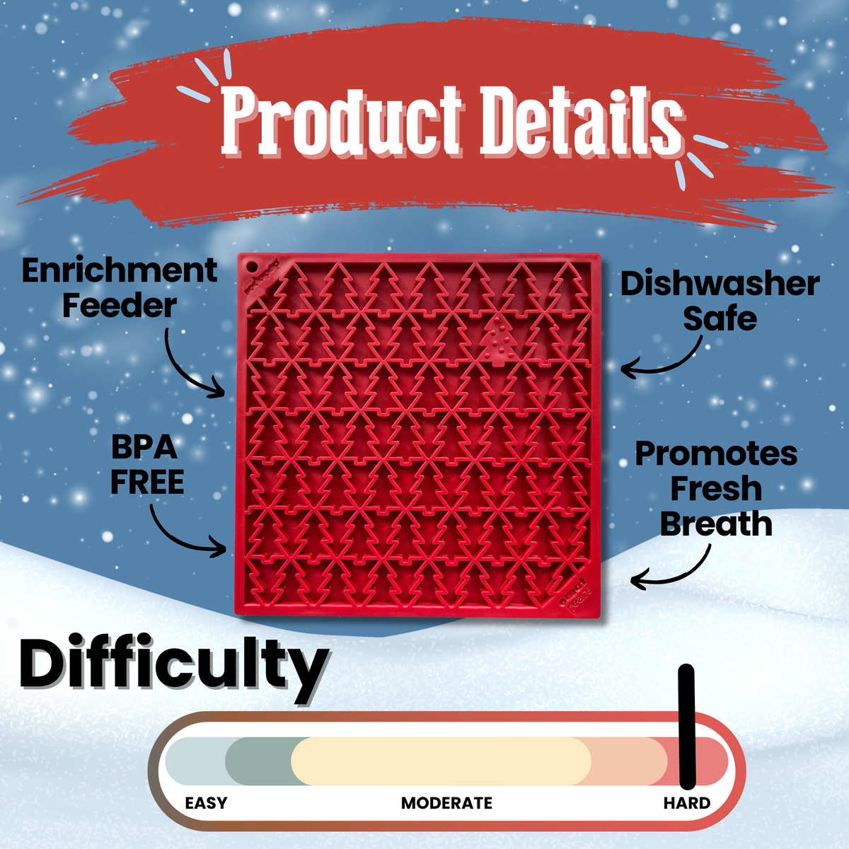 Holiday Red Tree dog lick mat details: enrichment feeder, BPA-free, dishwasher safe, fresh breath