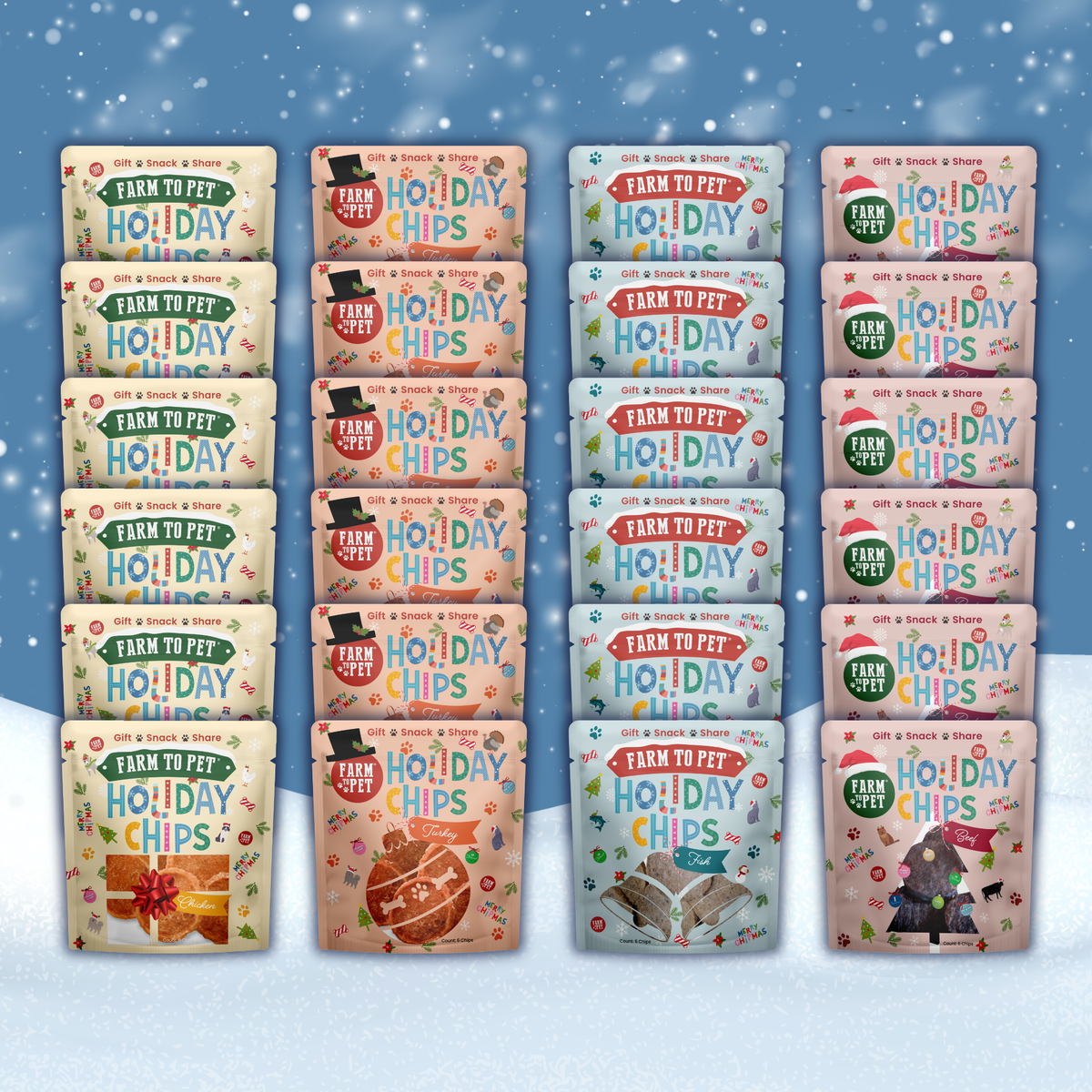 24-pack of Holiday Snack Stuffers in chicken, turkey, beef and fish, healthy dog stocking stuffers