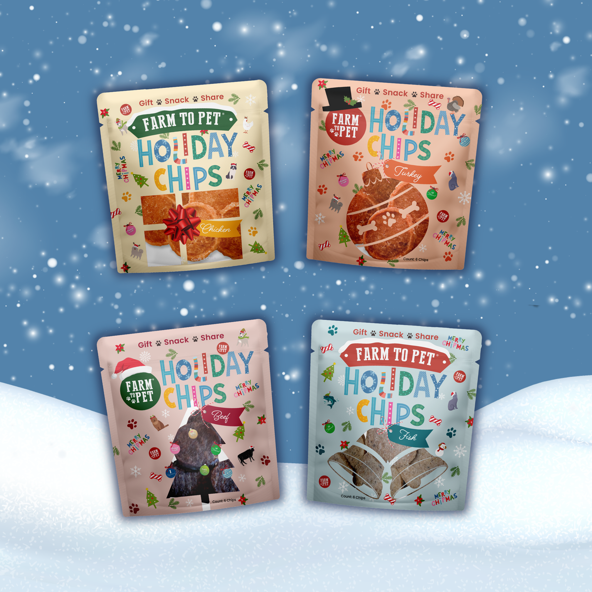 Holiday Snack Stuffers in chicken, turkey, beef and fish, mini bags of healthy dog stocking stuffers