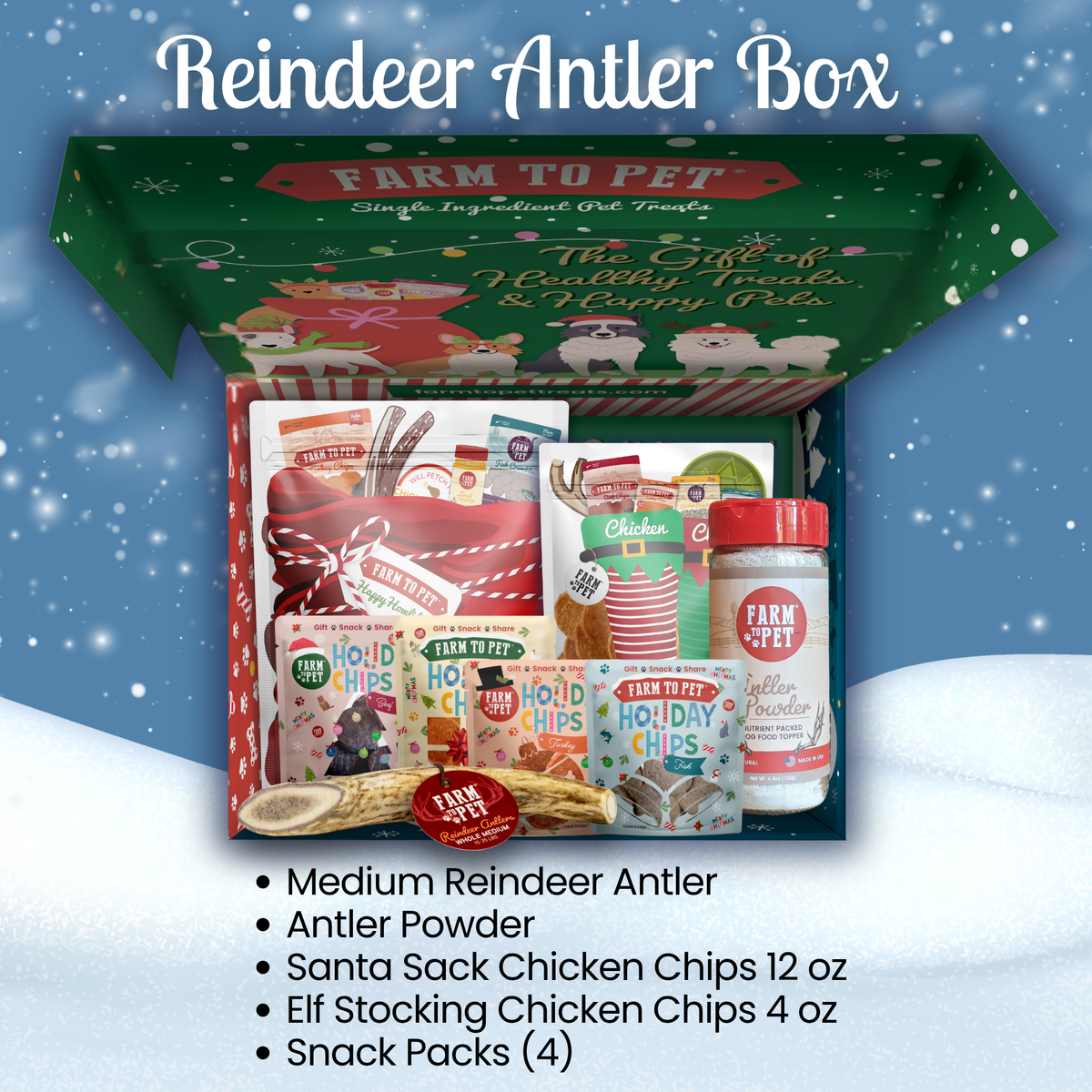 Reindeer antler dog gift box with reindeer antler, Antler Powder, Santa Sack, Elf Stocking and Snack Packs