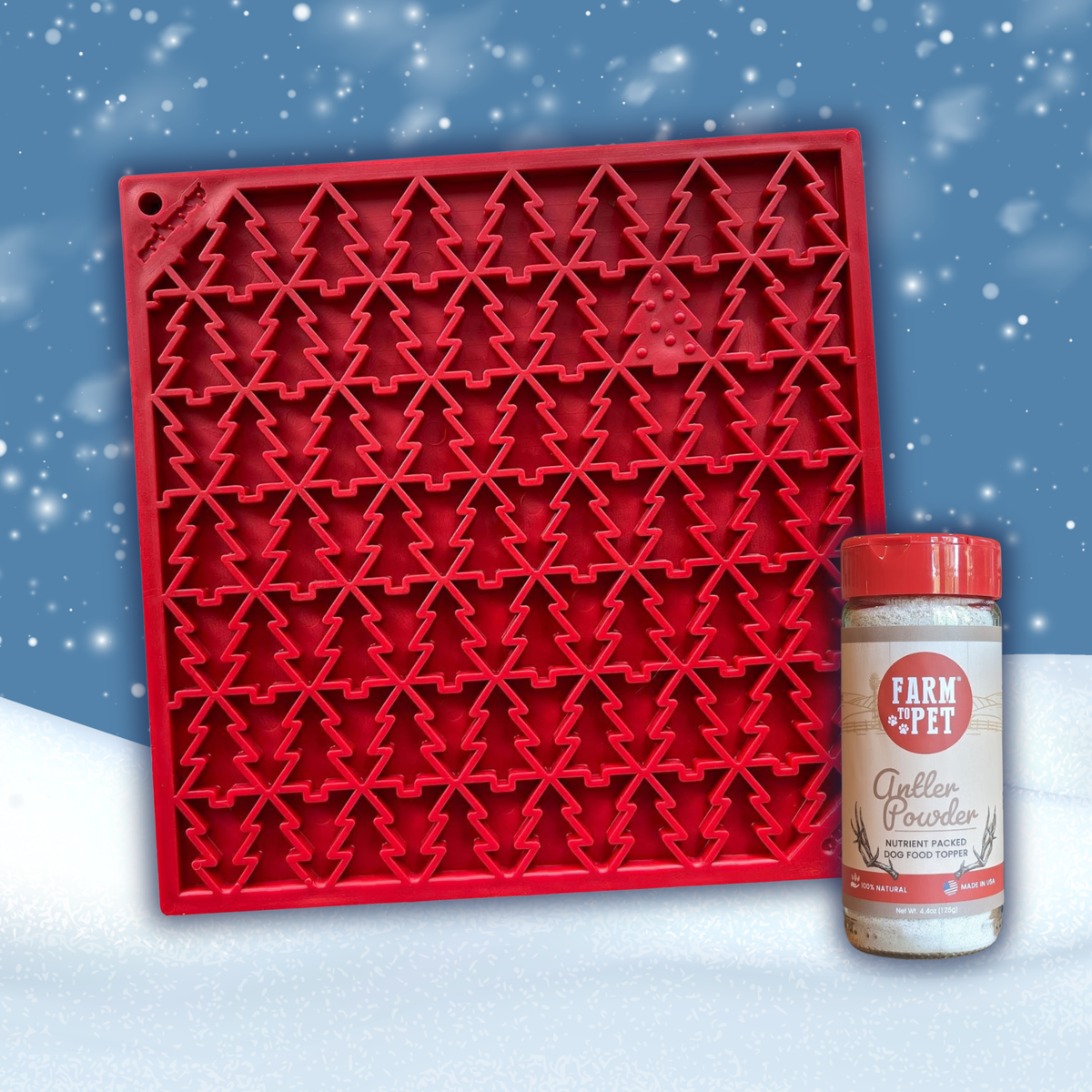 Holiday Red Tree lick mat and Antler Powder topper bundle, a calming Christmas gift for dogs