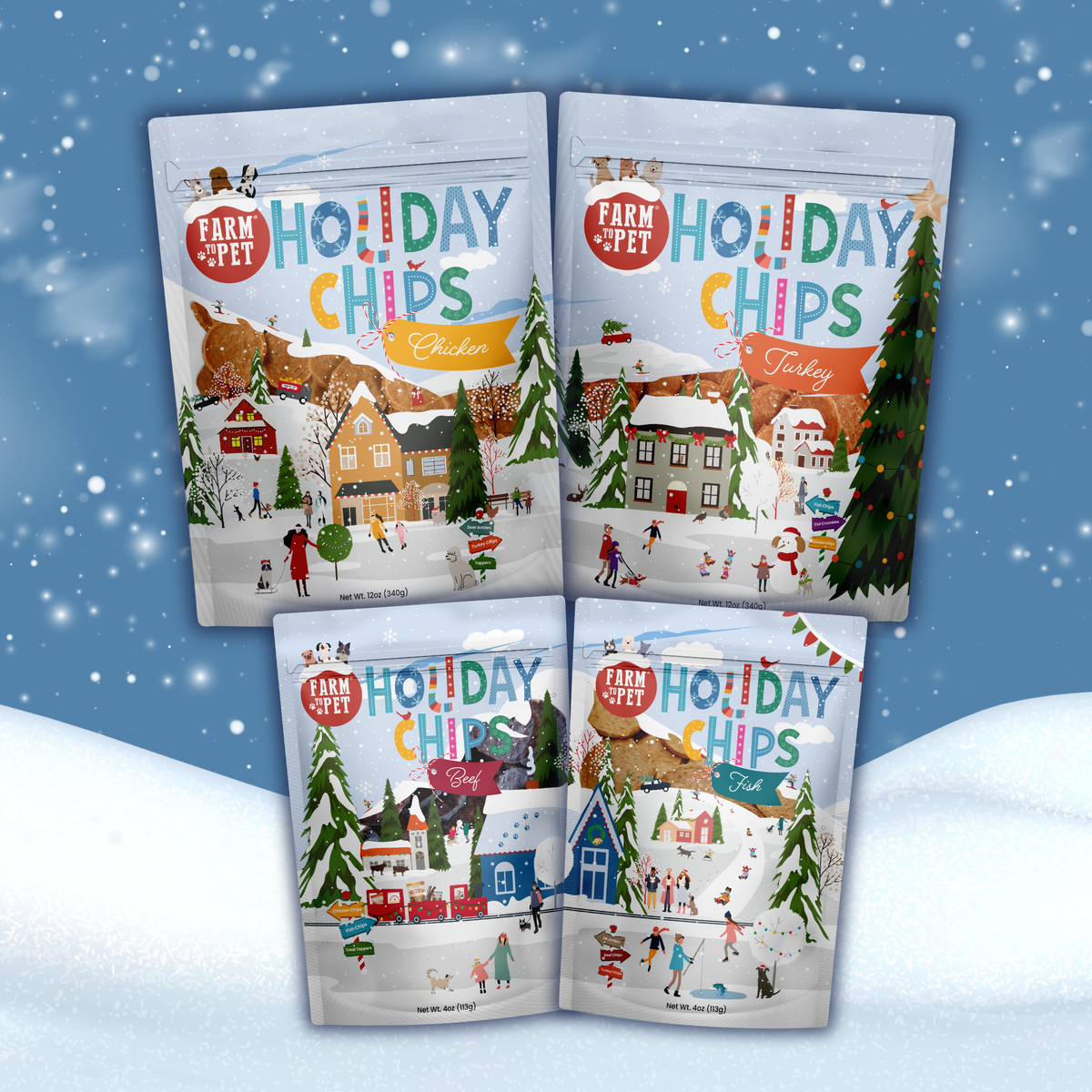Winter Wonderland bundle of four Holiday Chips bags: 12oz chicken, 12oz turkey, 4oz fish, 4oz beef dog treats