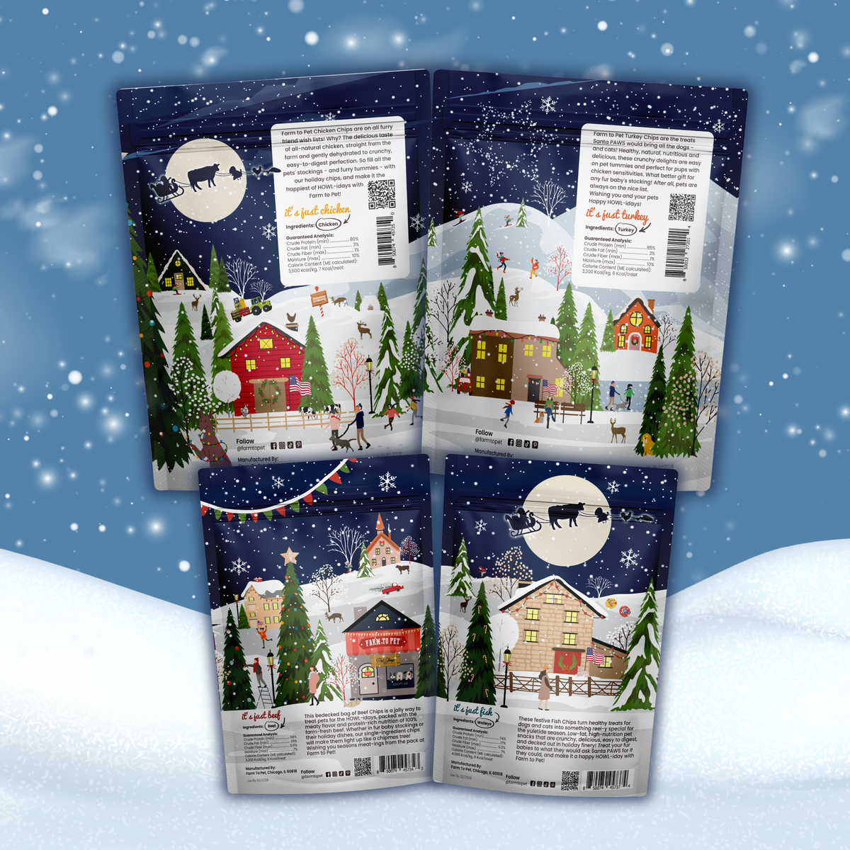 Back of the four Holiday Chips bags in the Winter Wonderland Christmas dog treat bundle