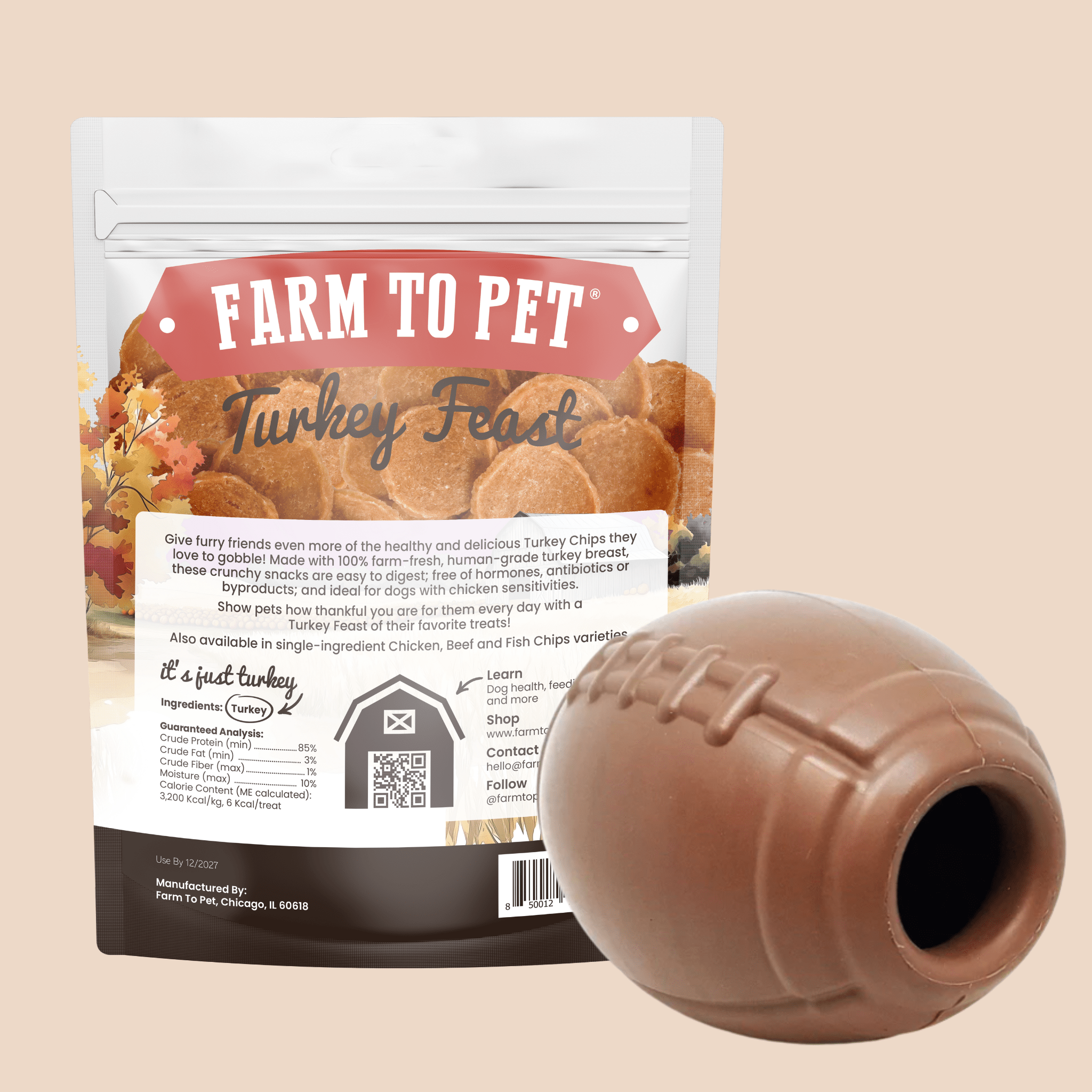 Farm to Pet Turkey Feast packaging with a football treat dispenser on a beige background