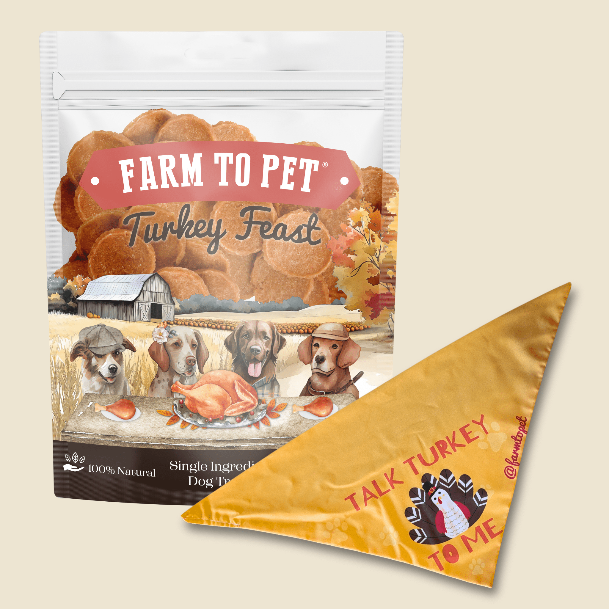 Dog food package labeled 'Farm to Pet Turkey Feast' with a triangular banner on a beige background