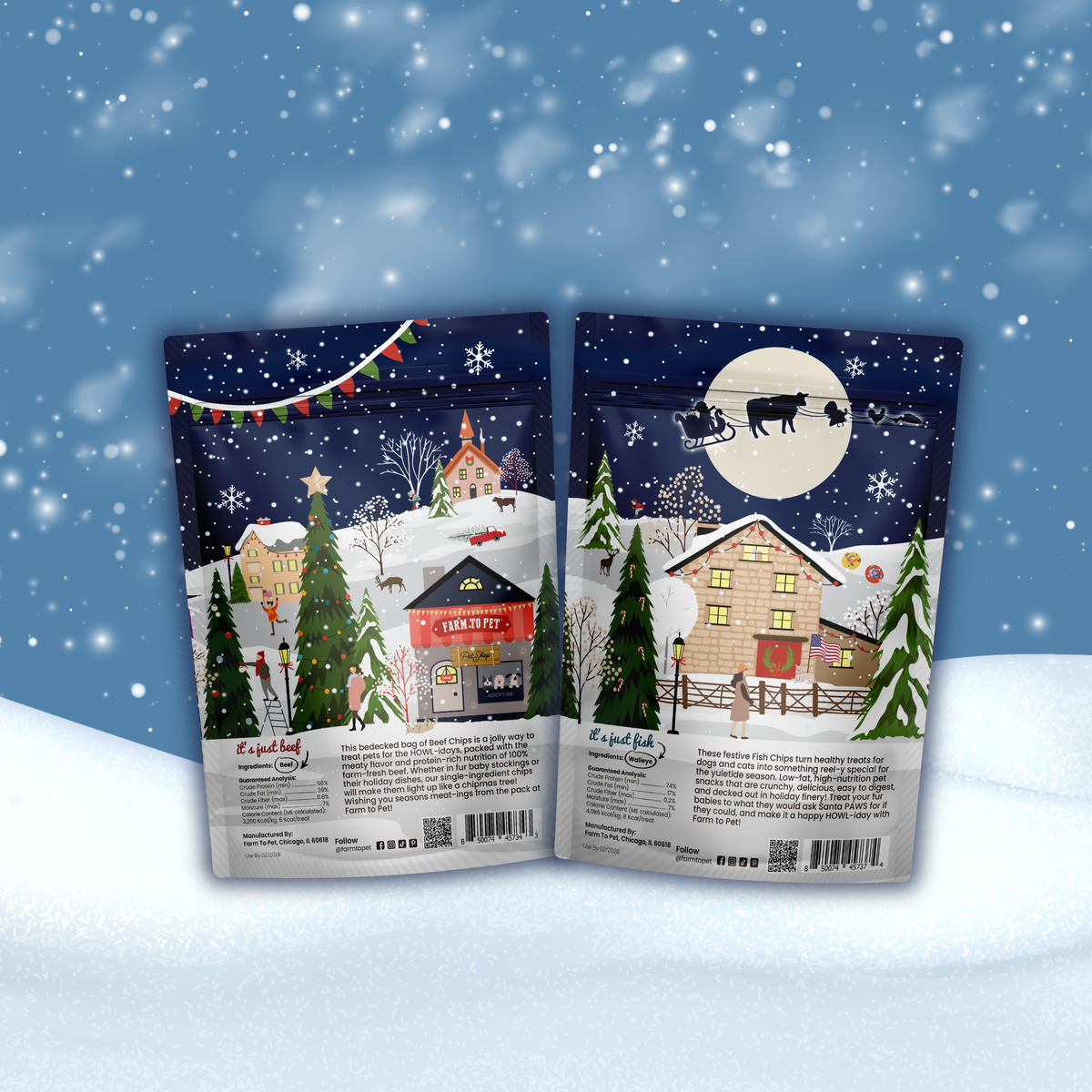 Back of the 4oz Holiday Beef and Fish Chips bags, single-ingredient holiday dog treats