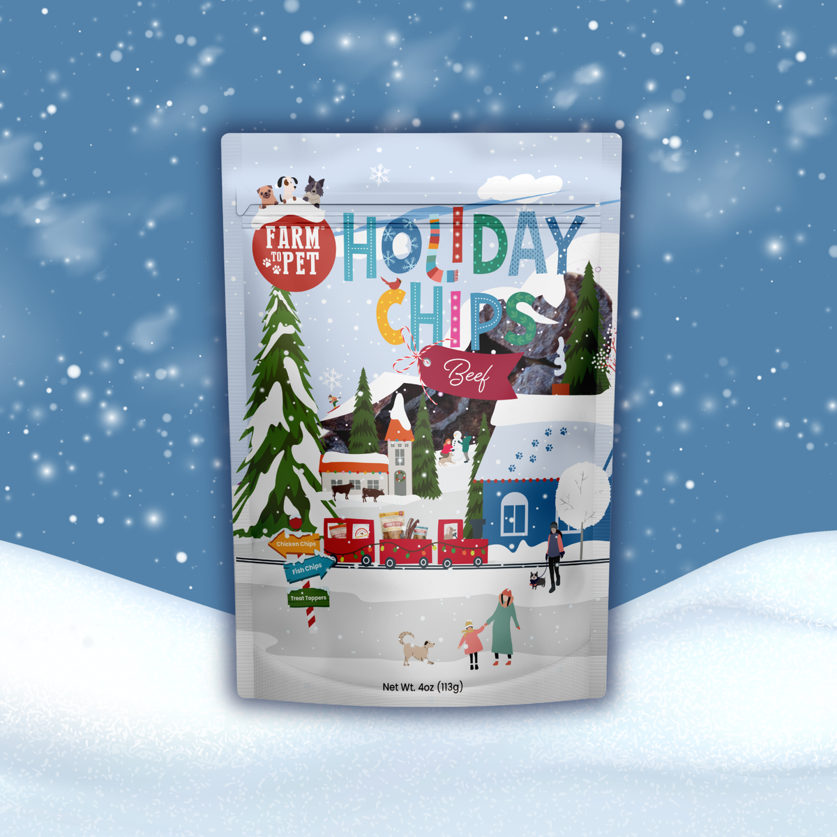 4oz Holiday Beef Chips bag, single-ingredient beef dog treats for Christmas