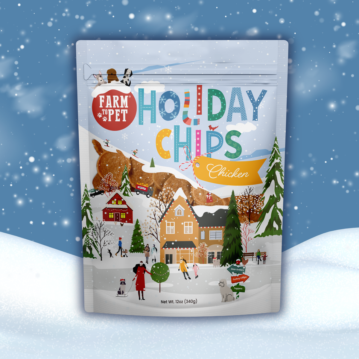 12oz Holiday Chicken Chips bag, single-ingredient chicken dog treats for Christmas