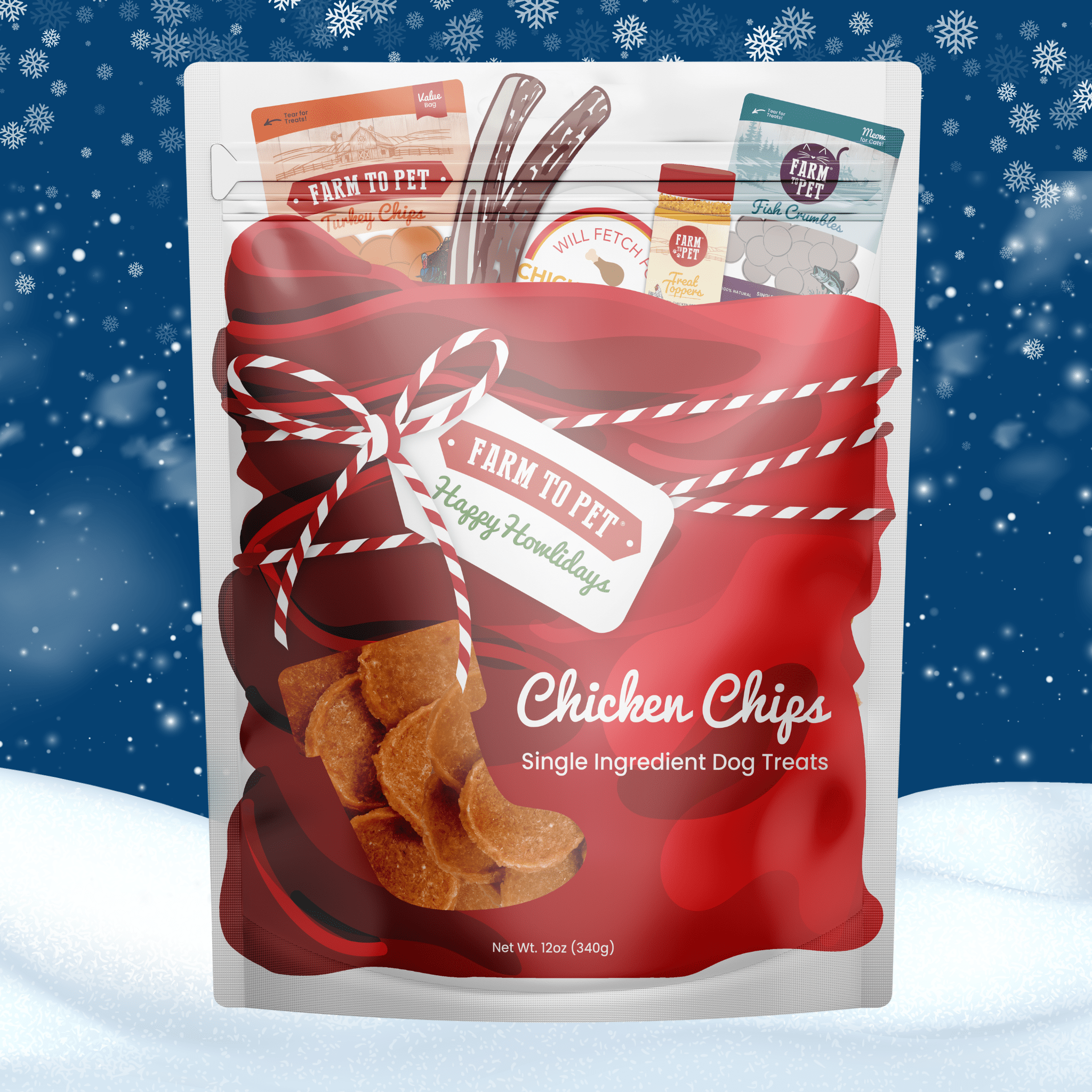 Bag of Farm to Pet Chicken Chips dog treats with a festive design on a snowy background