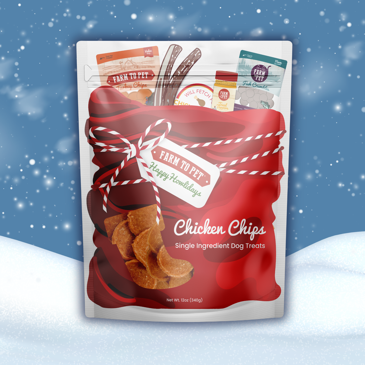 12oz Santa Sack of Farm to Pet Christmas Chicken Chips, single-ingredient chicken dog treats