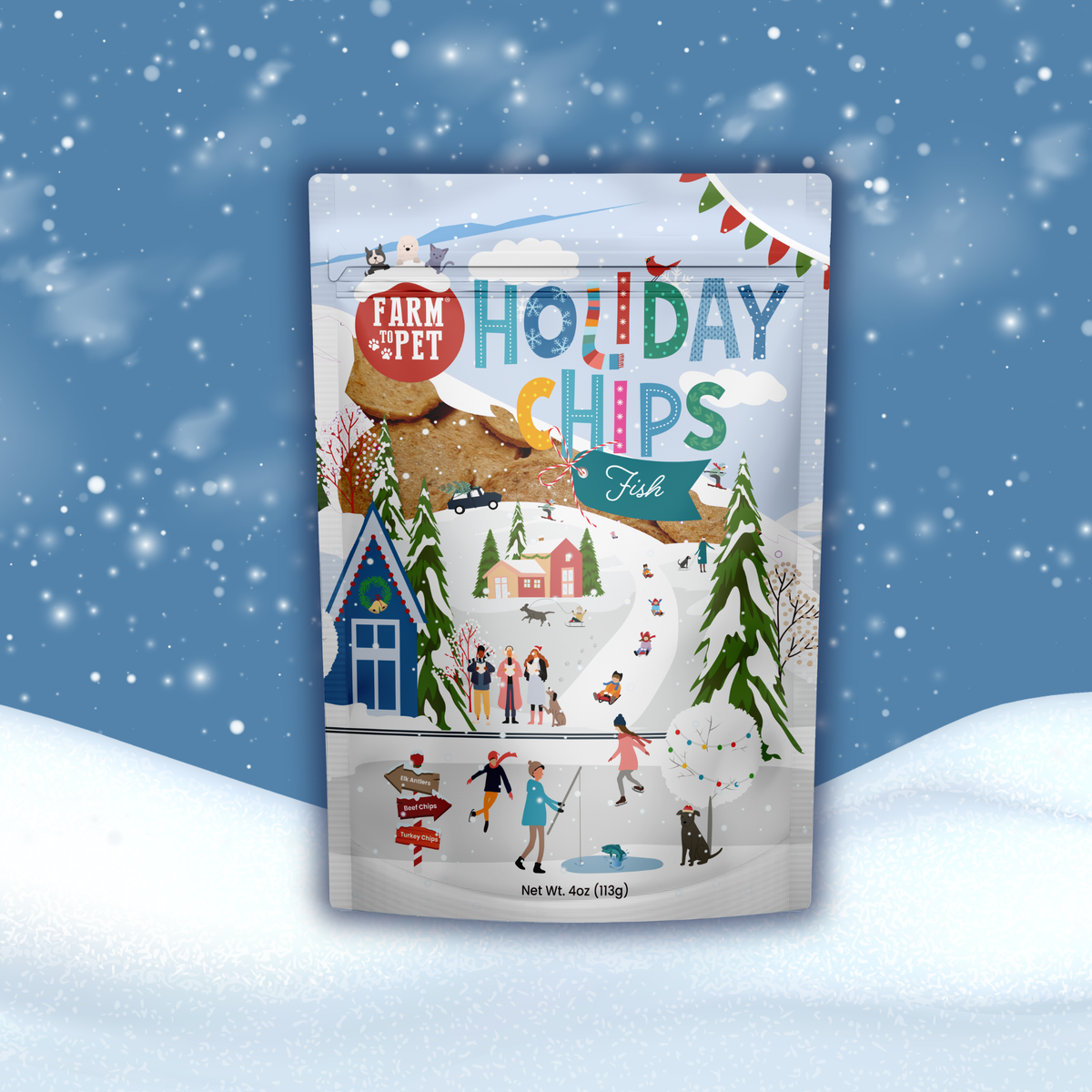 4oz Holiday Fish Chips bag, wild-caught walleye single-ingredient dog treats for Christmas