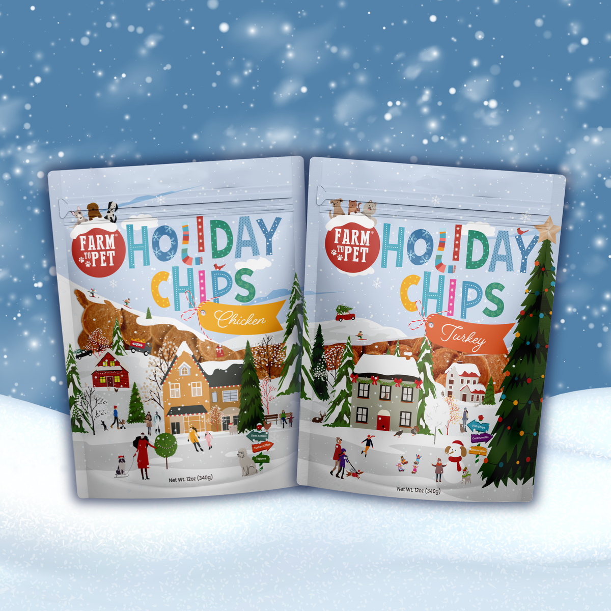 12oz Holiday Chicken Chips and Holiday Turkey Chips bags, single-ingredient Christmas dog treats