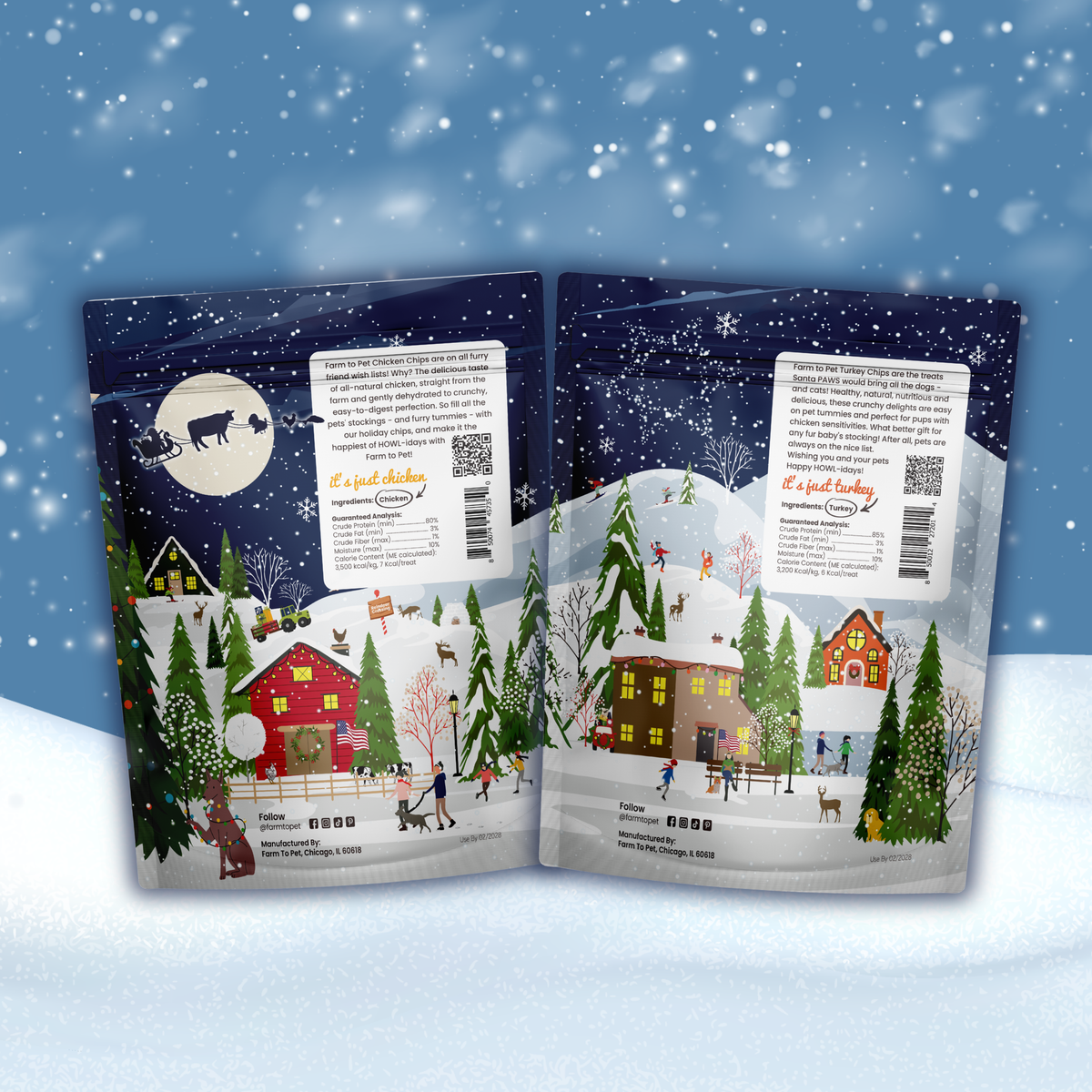 Back of the 12oz Holiday Chicken and Turkey Chips bags, healthy holiday dog treats