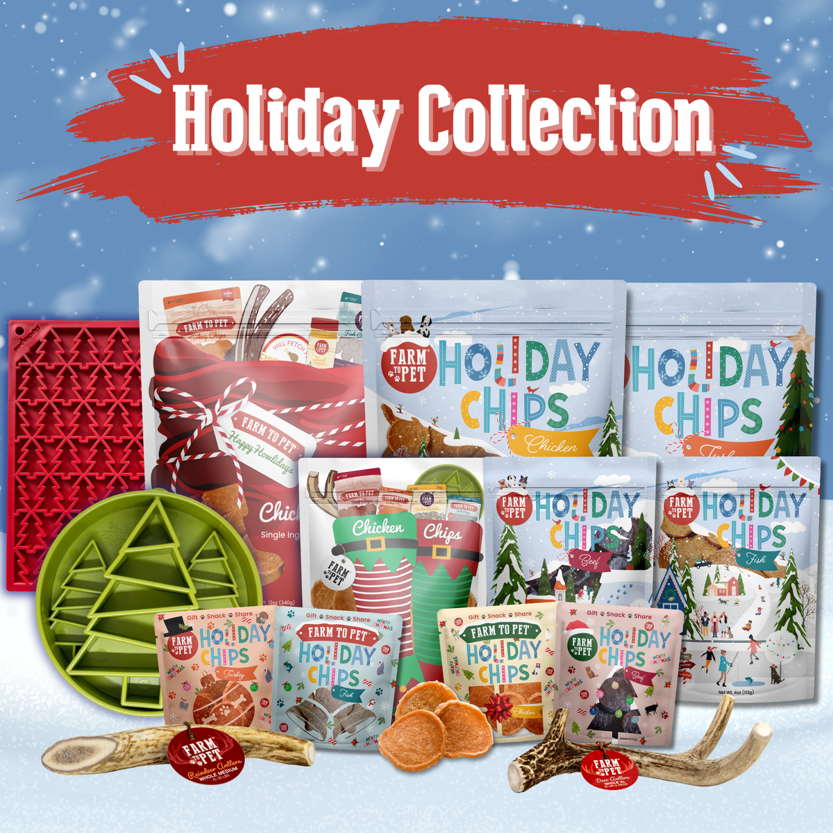 Farm to Pet holiday collection: Christmas dog treats, Snack Stuffers, antler chews, lick mat and slow feeder