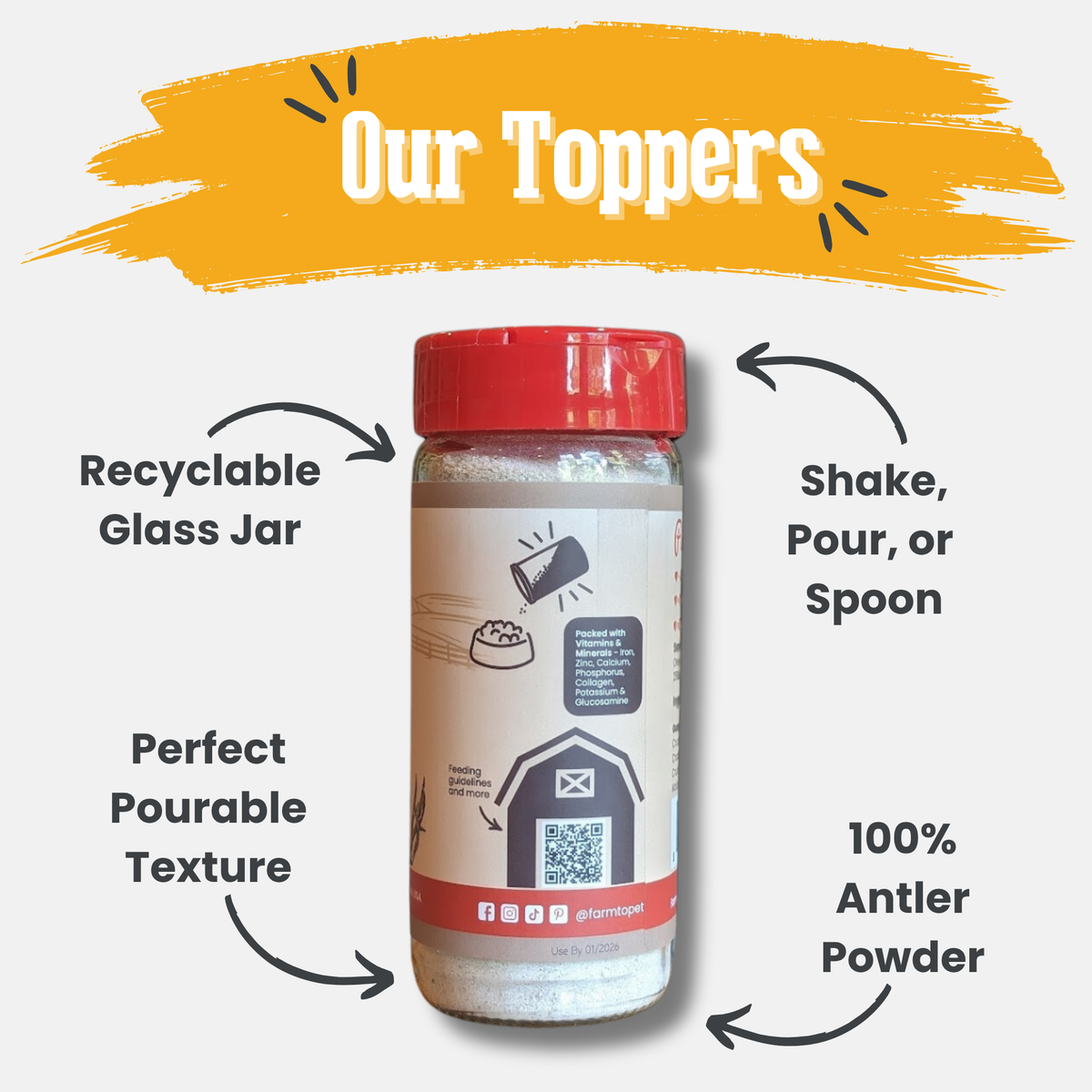 Antler Powder dog food topper: 100% elk antler in a recyclable shake, pour or spoon glass jar