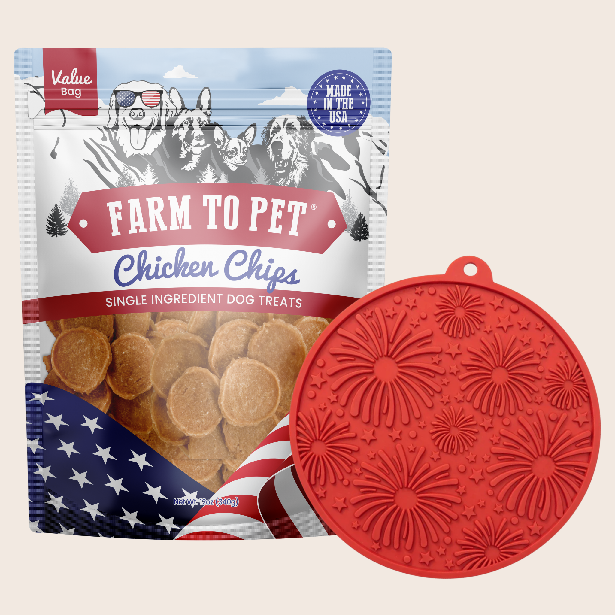Farm to Pet Chicken Chips packaging with a red silicone mat on a beige background | media-group:value-12oz-red-fireworks