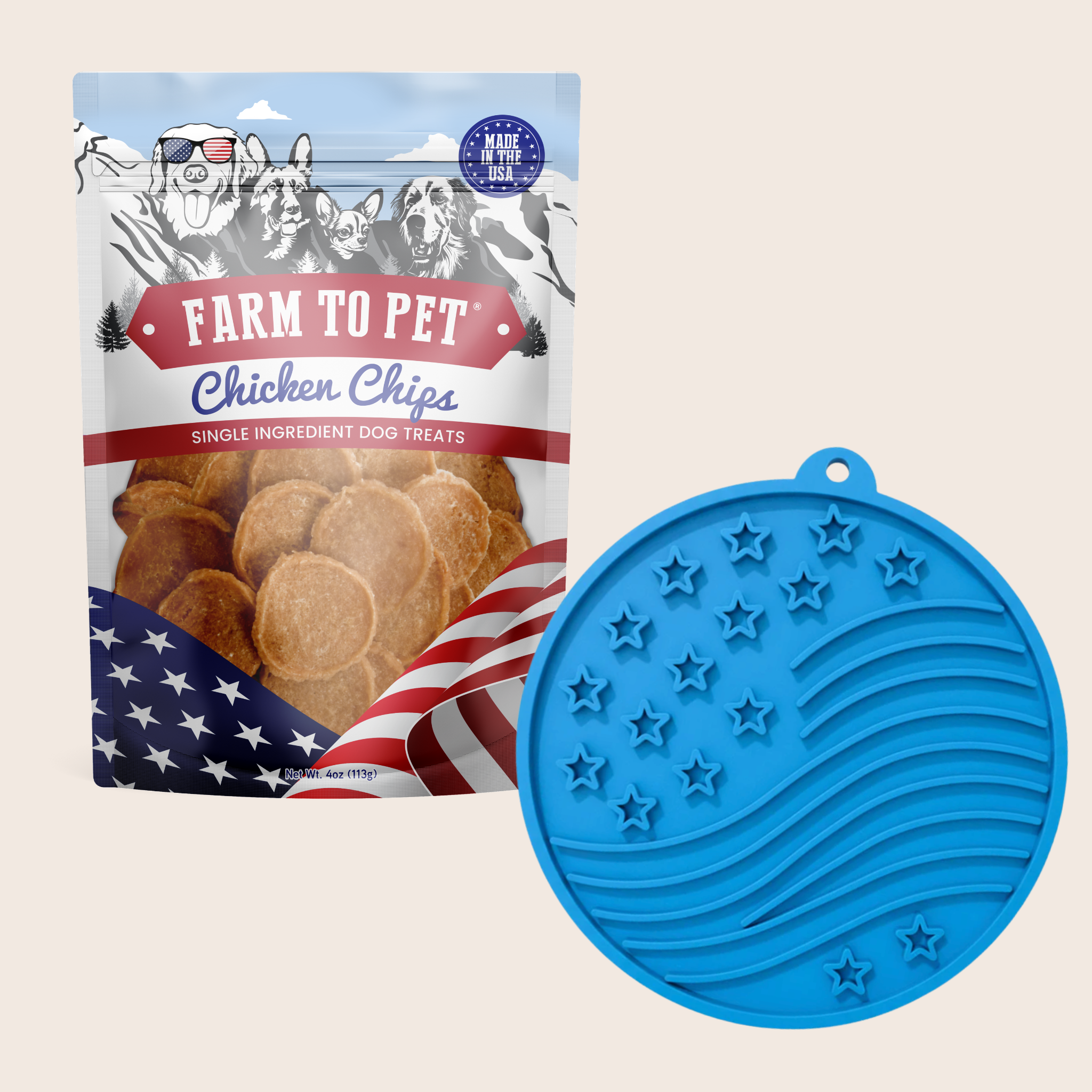 Package of 'Farm to Pet' chicken chips dog treats with an American flag design and a blue silicone mat with star pattern. | media-group:standard-4oz-blue-stars-stripes