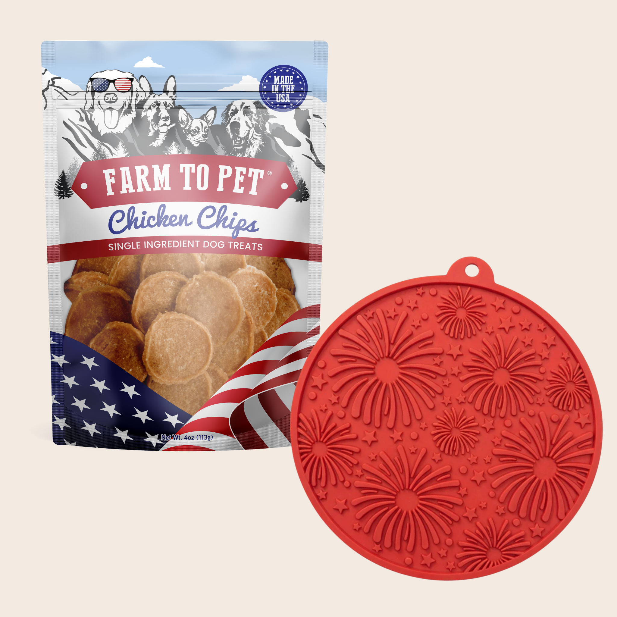 Farm to Pet chicken chips packaging with a red silicone mat on a beige background | media-group:standard-4oz-red-fireworks