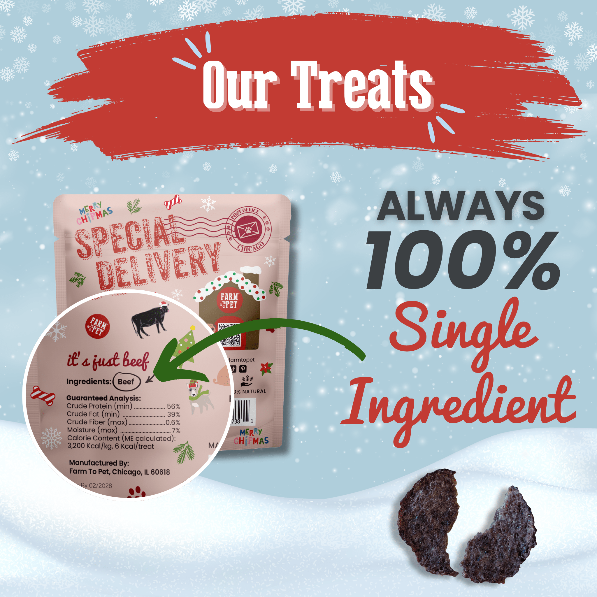 Dog treat package from Farm to Pet with 'Special Delivery' text on a snowy background, featuring branding and ingredient information.