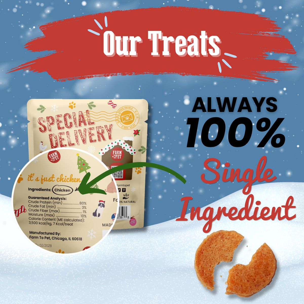 Chicken Snack Stuffer label: always 100% chicken, single-ingredient dog stocking stuffer
