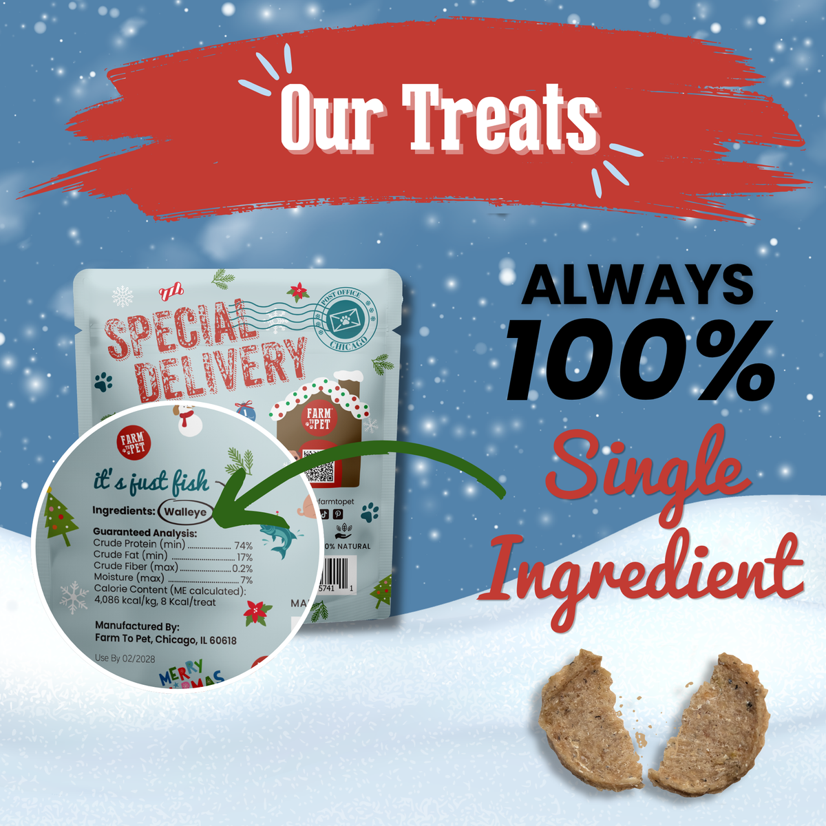 Fish Snack Stuffer label: always 100% walleye, single-ingredient dog stocking stuffer