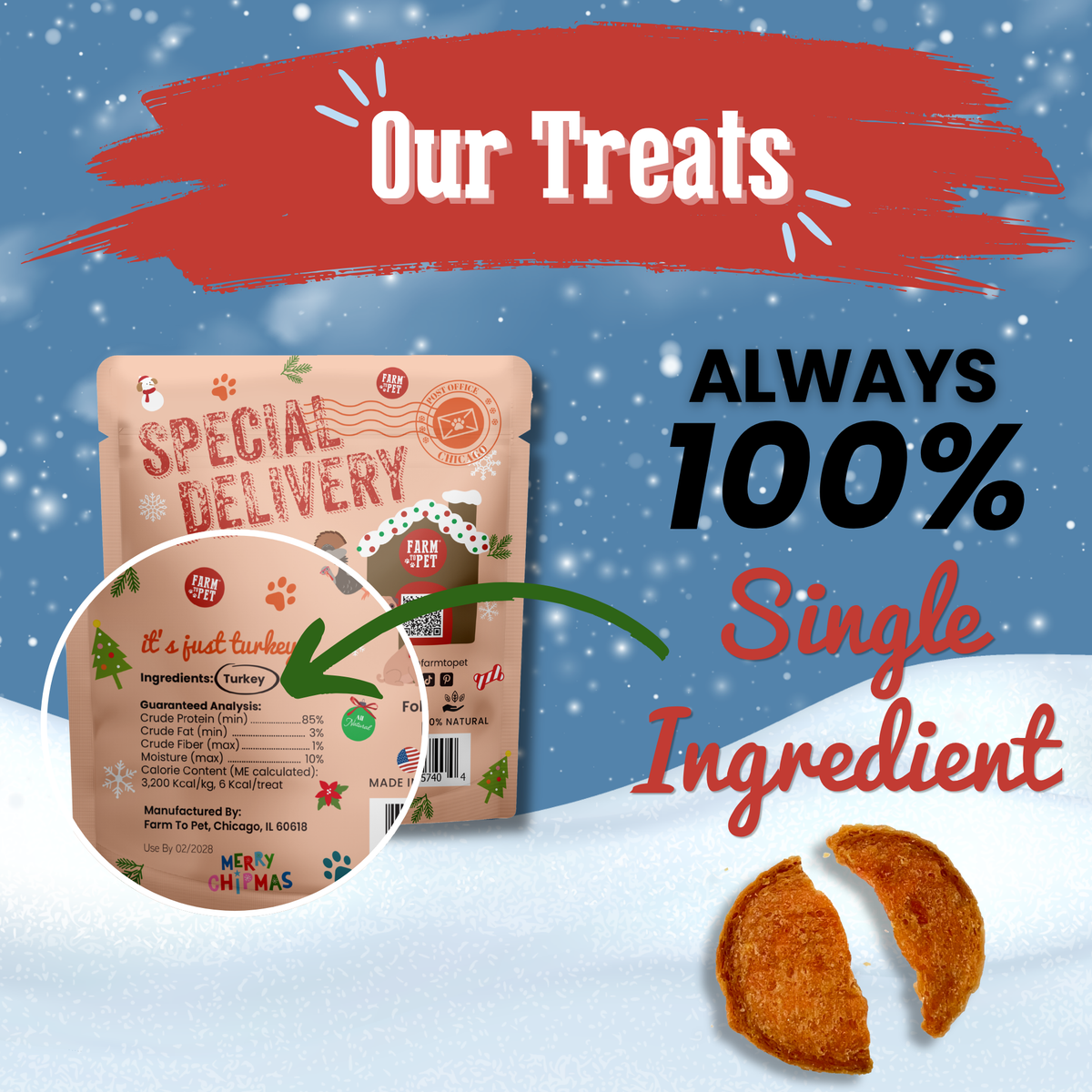 Turkey Snack Stuffer label: always 100% turkey, single-ingredient dog stocking stuffer