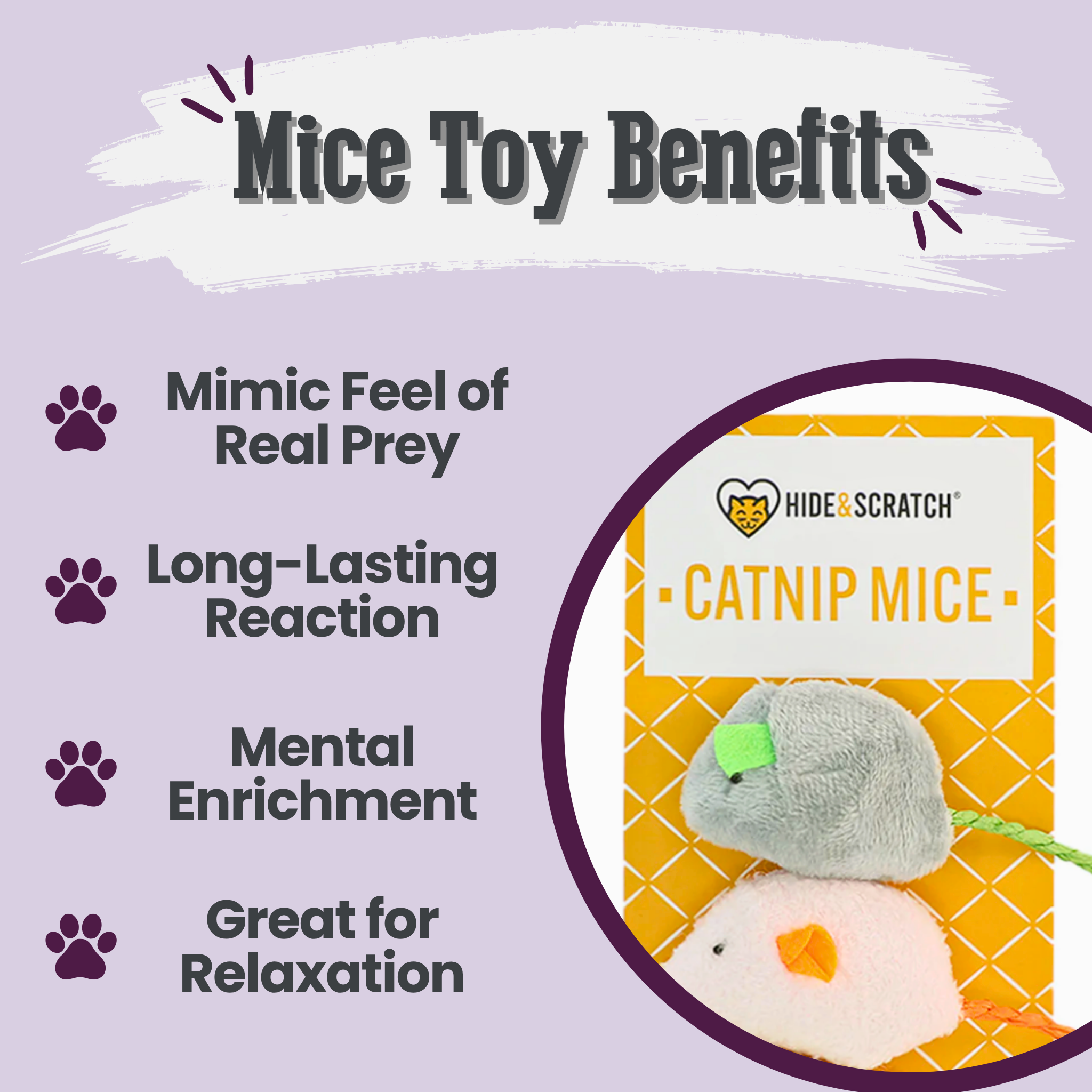 Catnip mice toy with benefits listed on a purple background