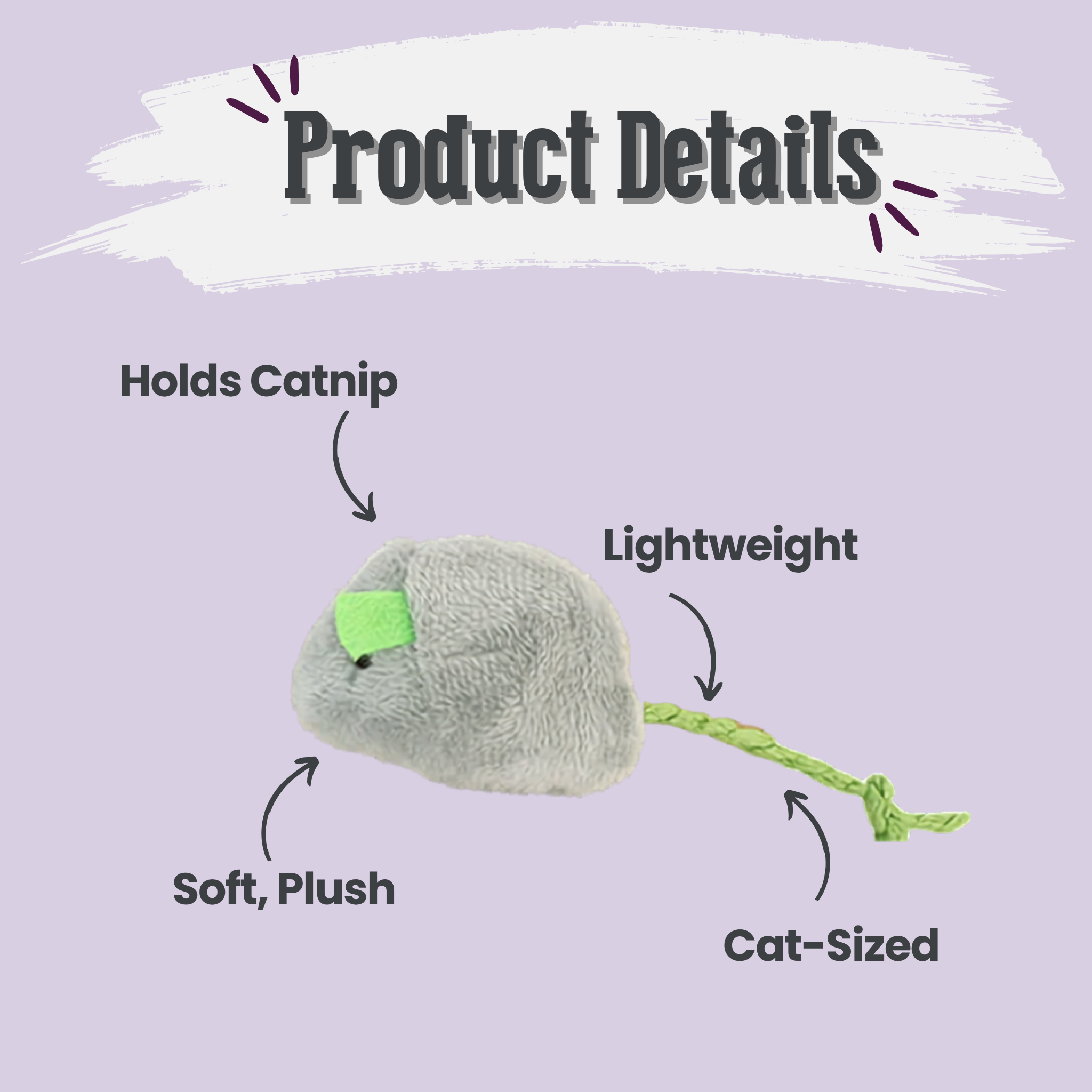 Cat toy with text detailing features on a light purple background