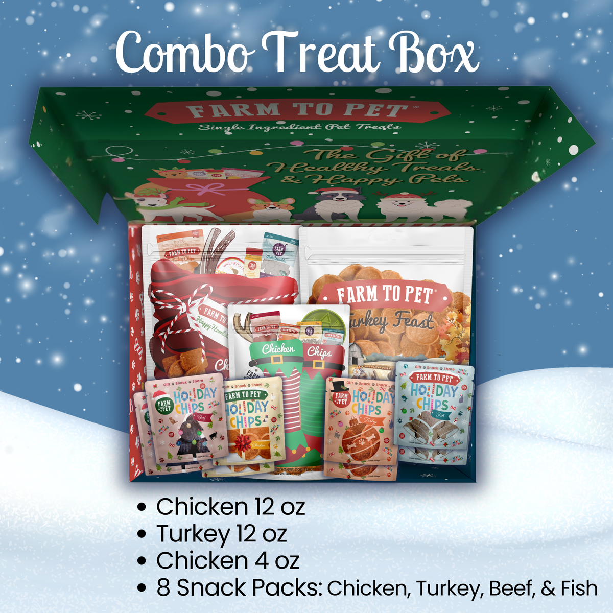 Open Chipmas dog treat gift box with Santa Sack, Elf Stocking, Turkey Feast Chips and 8 Snack Packs
