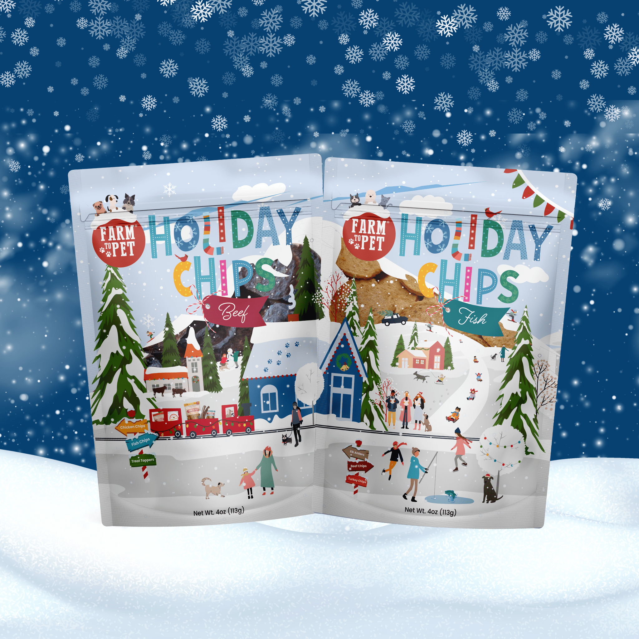 Two packages of 'Farm Pet' Holiday Chips on a snowy background with Christmas-themed illustrations.