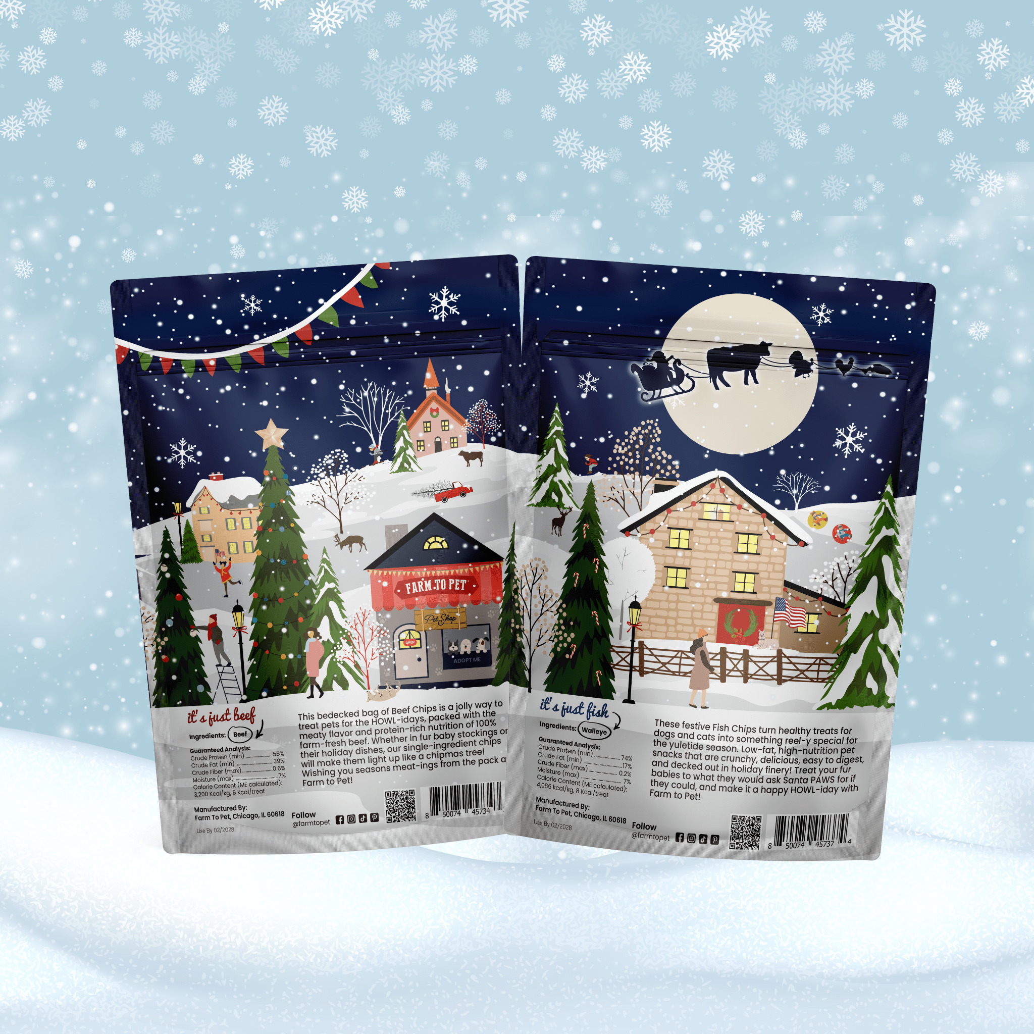dog treats with winter village design on a snowy background