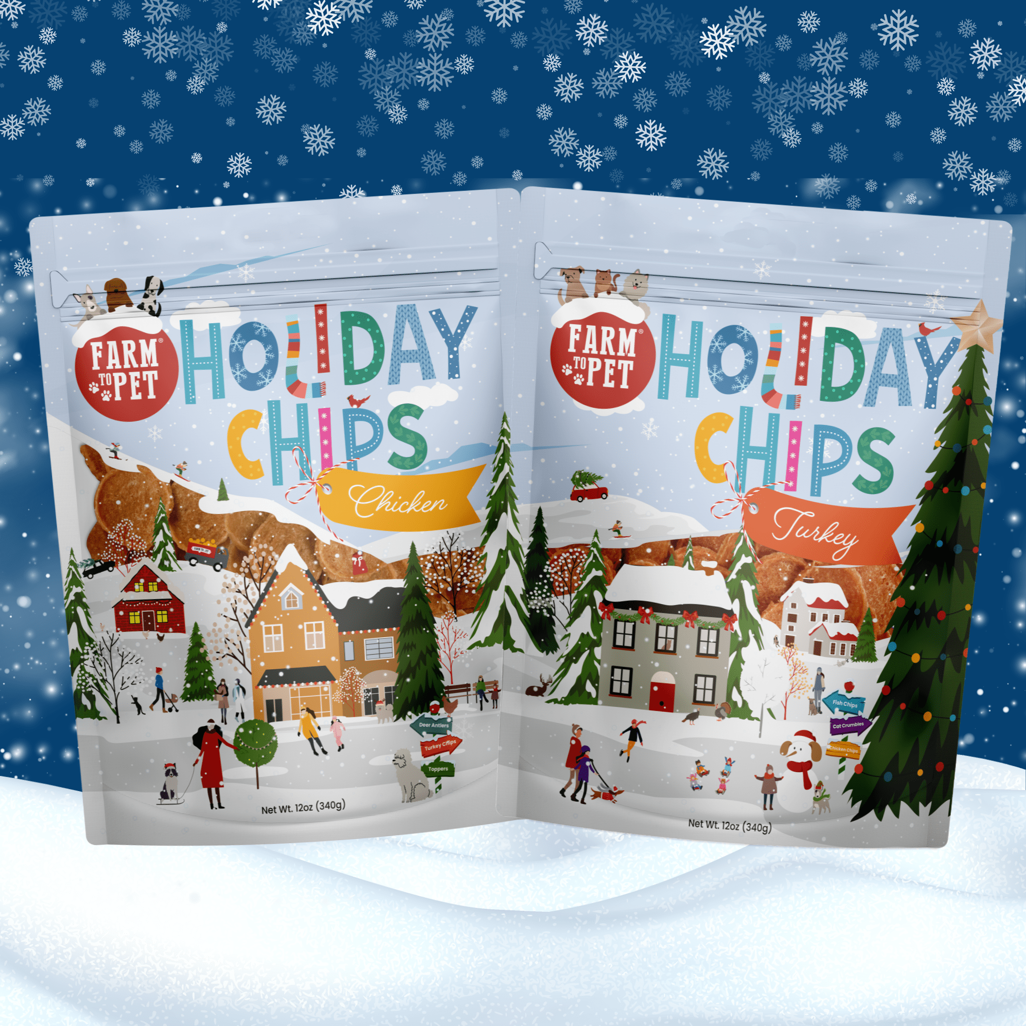 Two packages of 'Farm to the Pet Holiday Chips' on a snowy background with Christmas-themed illustrations.