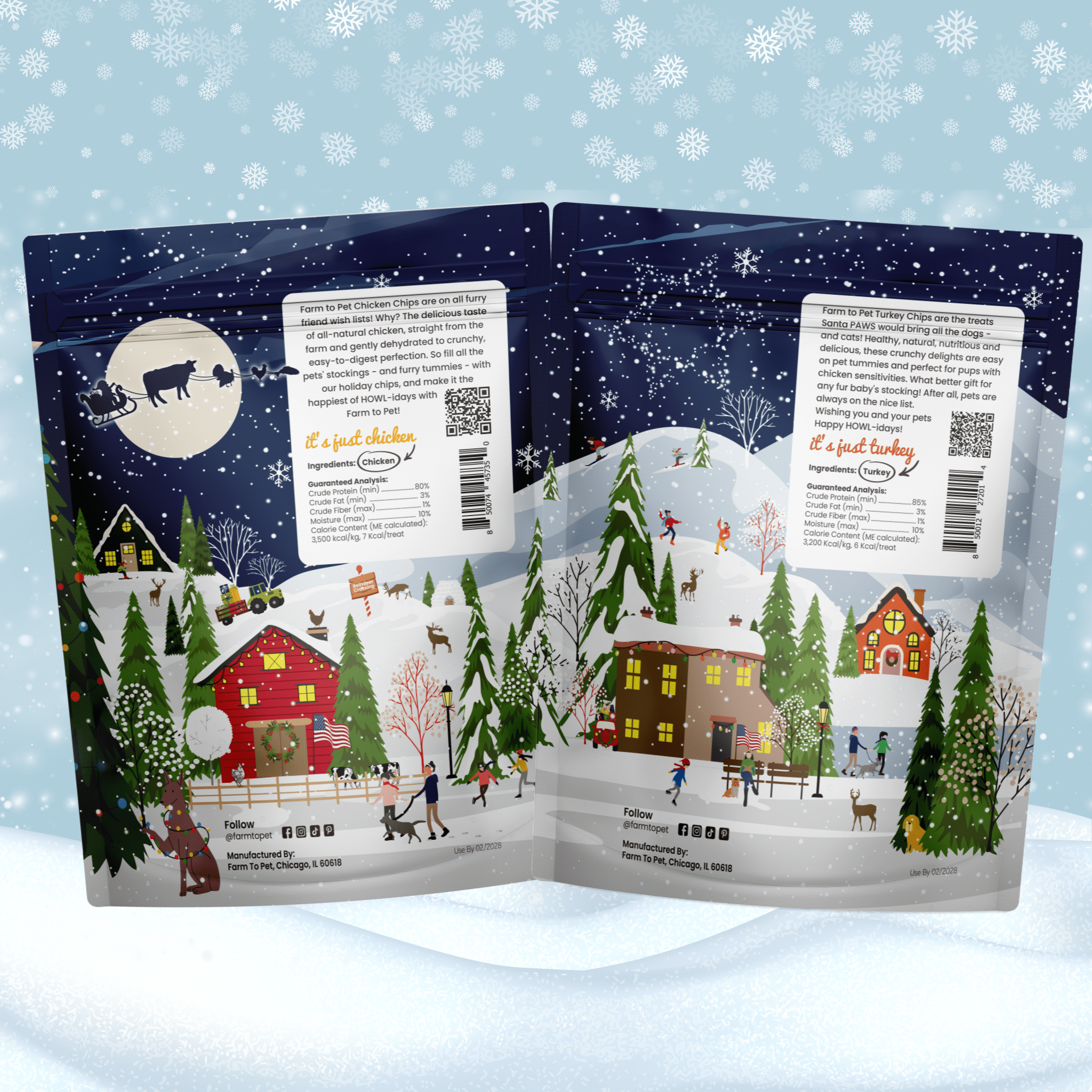 single ingredient treats packaging with festive designs on a snowy background