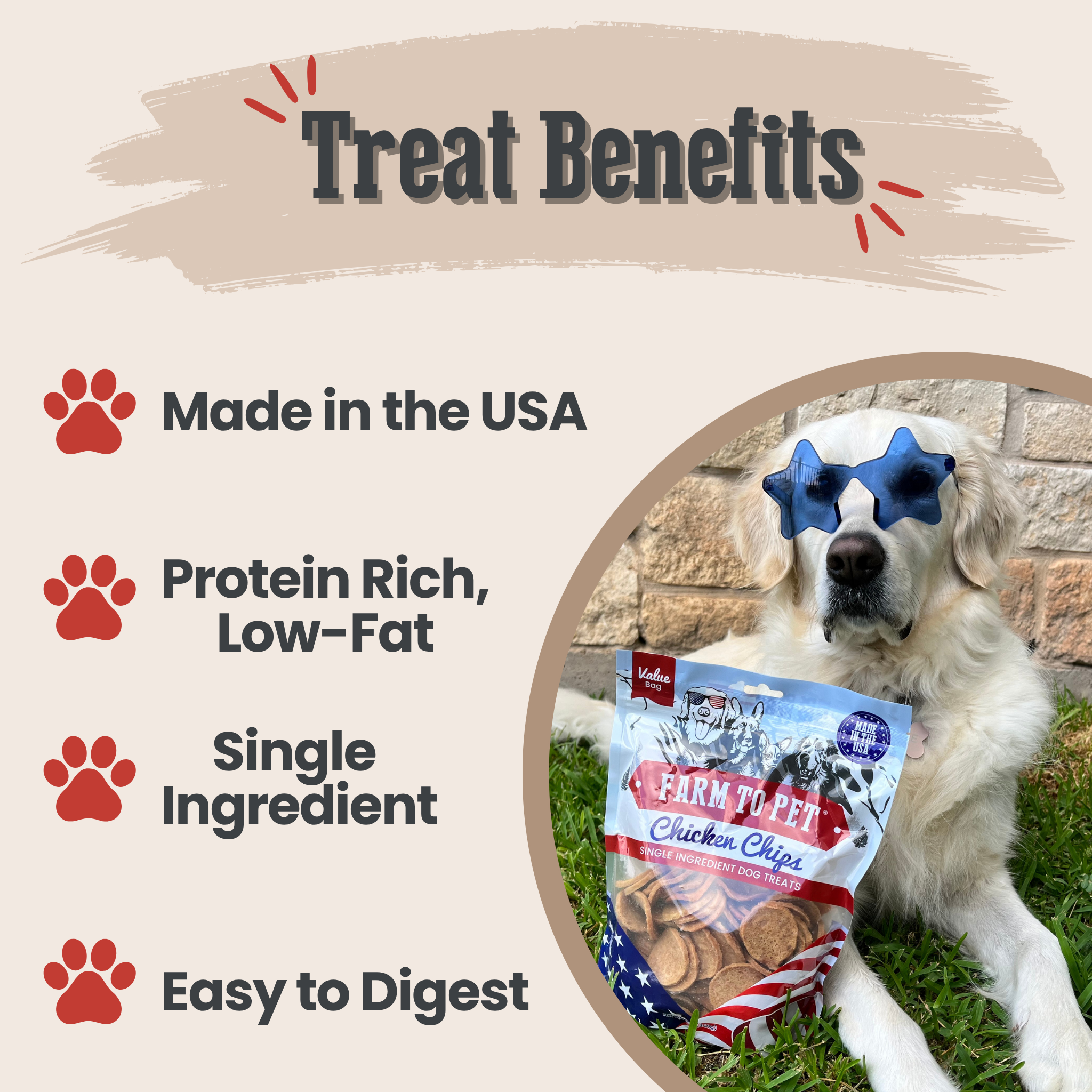 Dog holding a package of Farm to Pet treats with text highlighting benefits on a beige background. | media-group:value-12oz-blue-stars-stripes