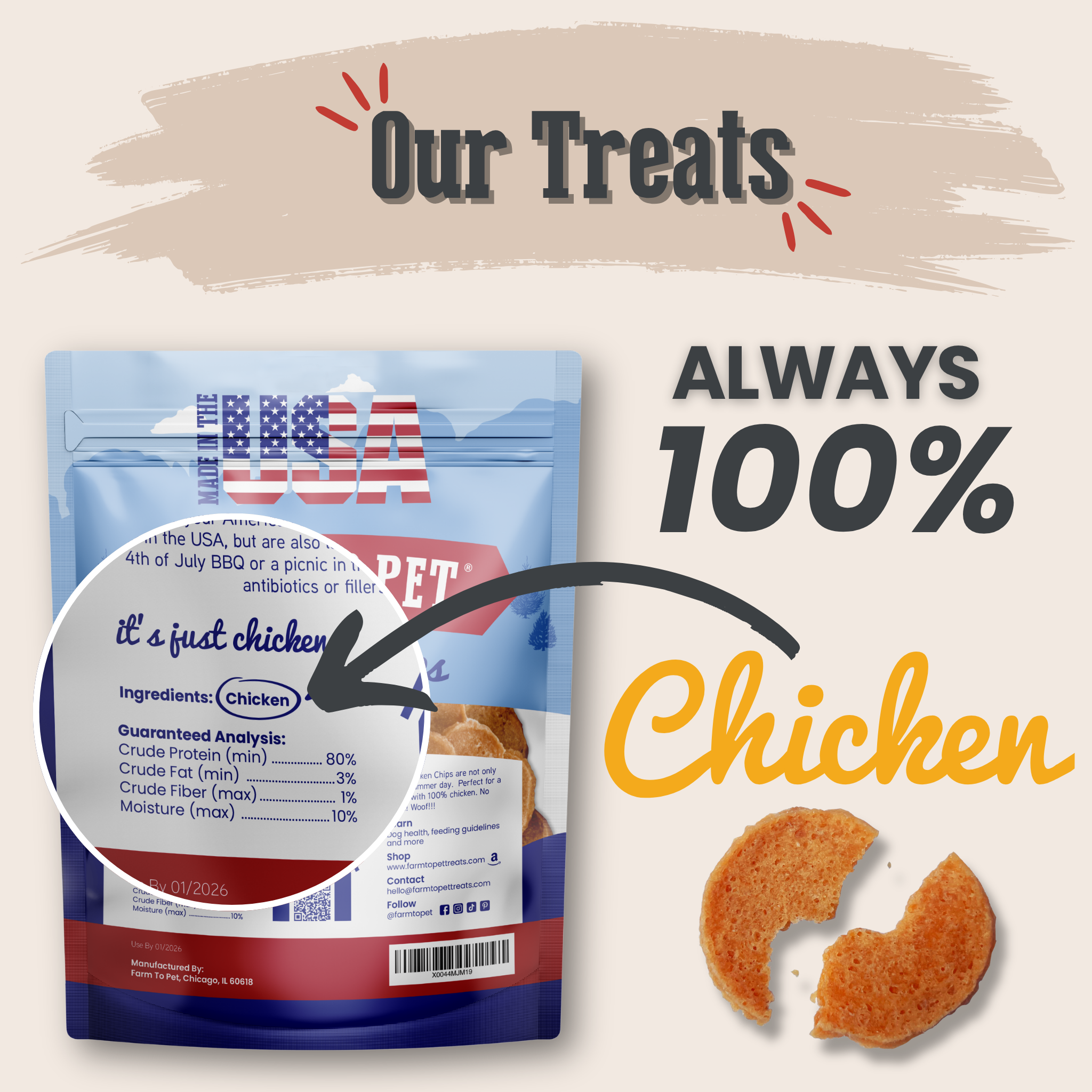 Dog treat package with '100% Chicken' text on a beige background | media-group:value-12oz-red-fireworks