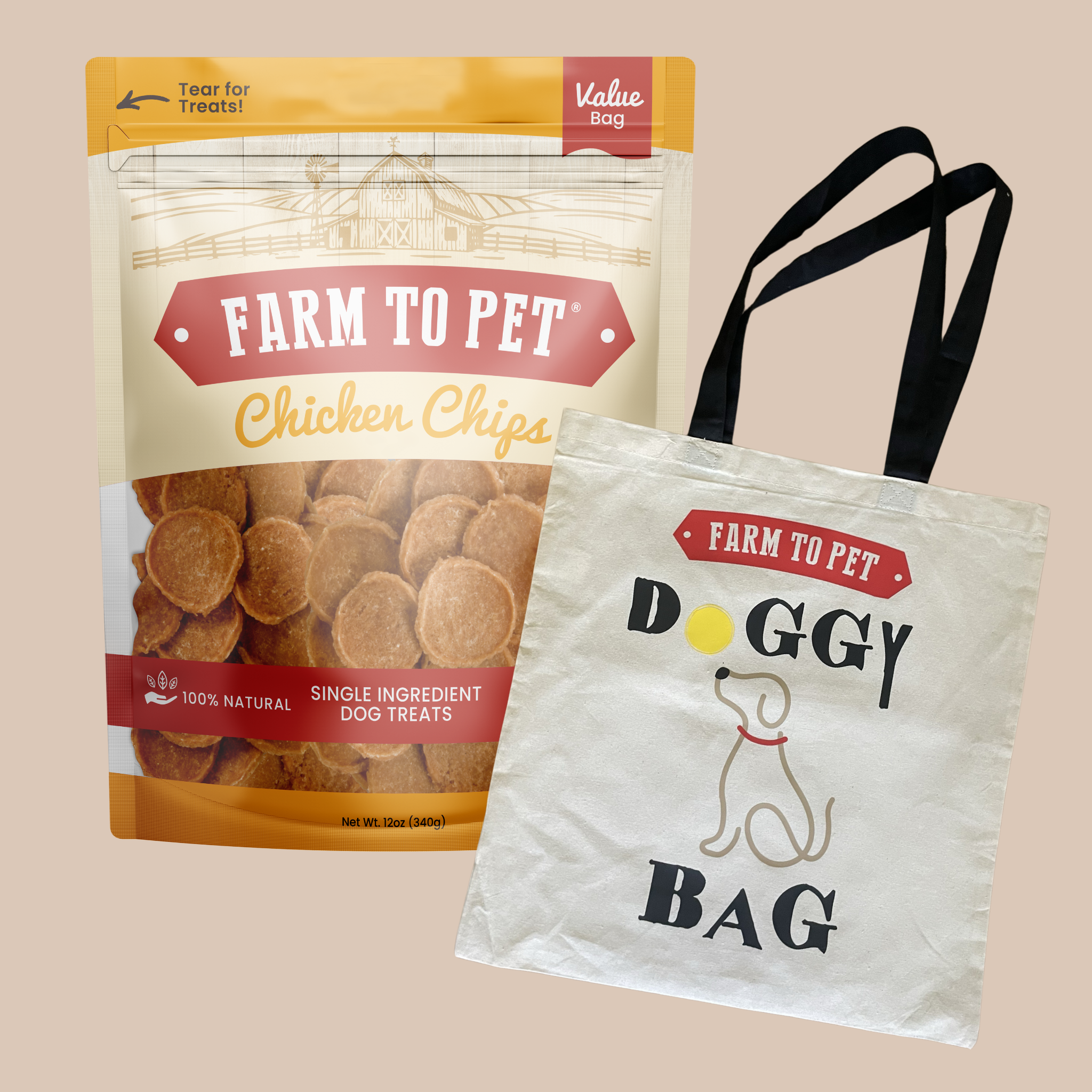 Farm to Pet chicken chips packaging and a matching doggy bag on a beige background