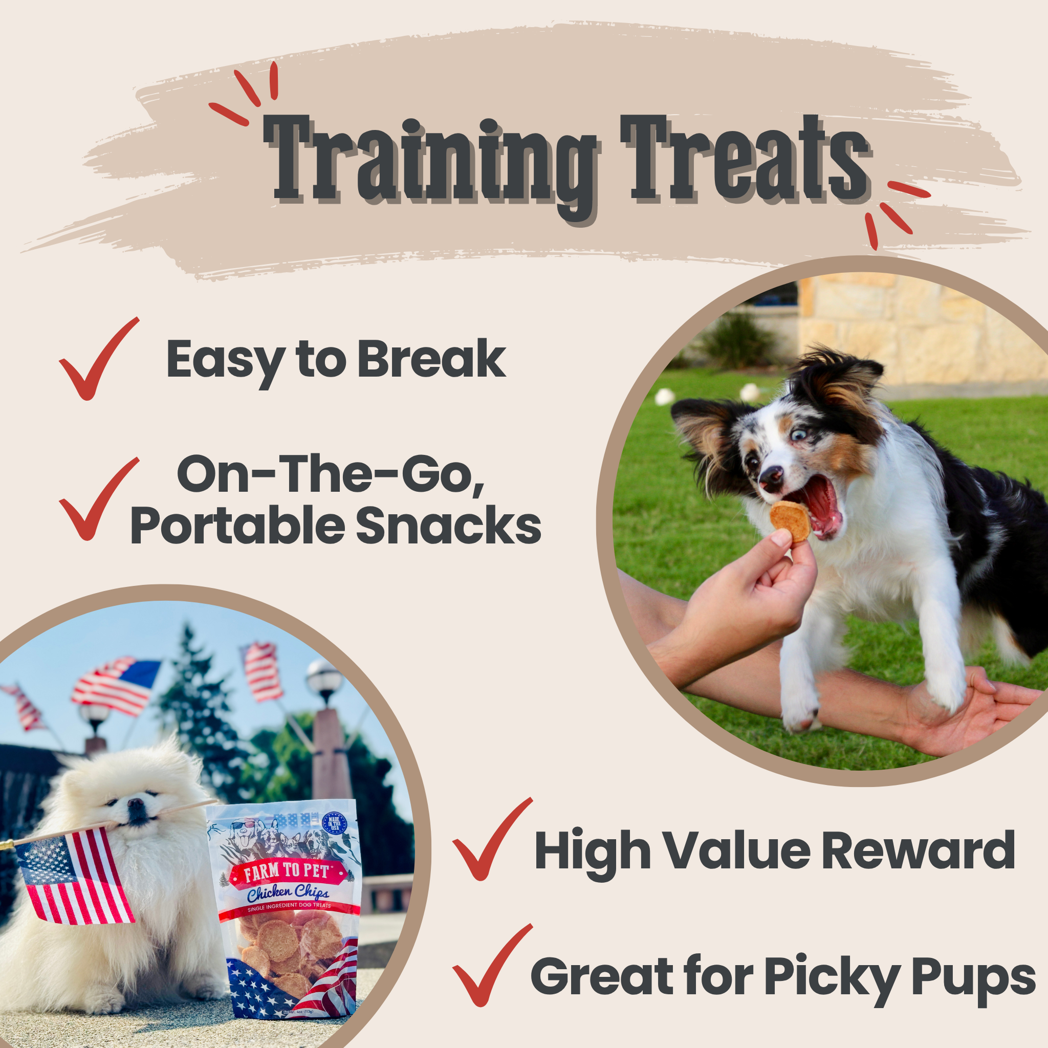 Dog training treats with a dog eating a treat, a dog holding an American flag, and text highlighting features. | media-group:standard-4oz-red-fireworks