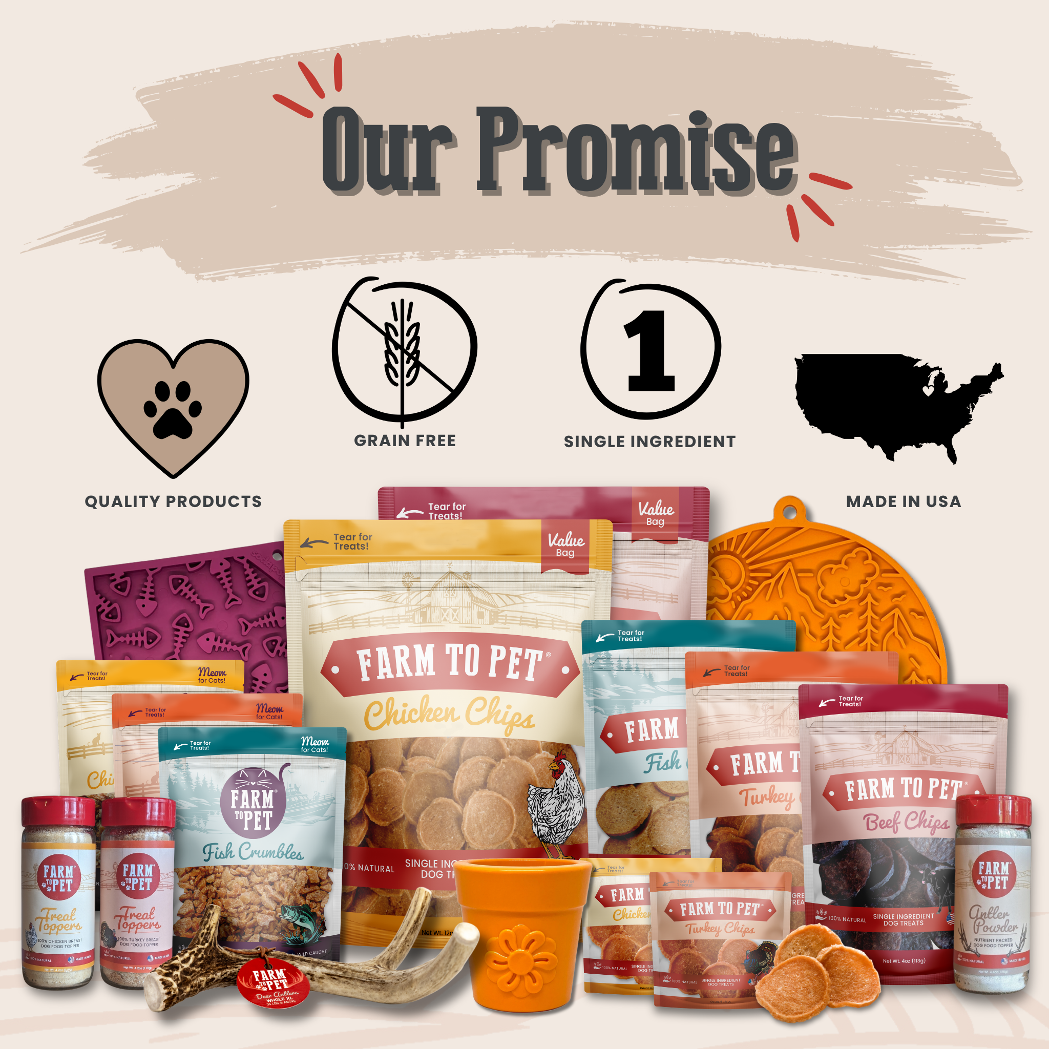 Assorted pet food products with 'Farm to Pet' branding on a light background. | media-group:standard-4oz-blue-stars-stripes