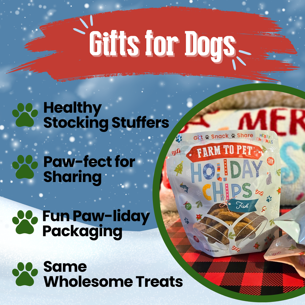 Fish Snack Stuffers as healthy dog stocking stuffers in festive holiday packaging