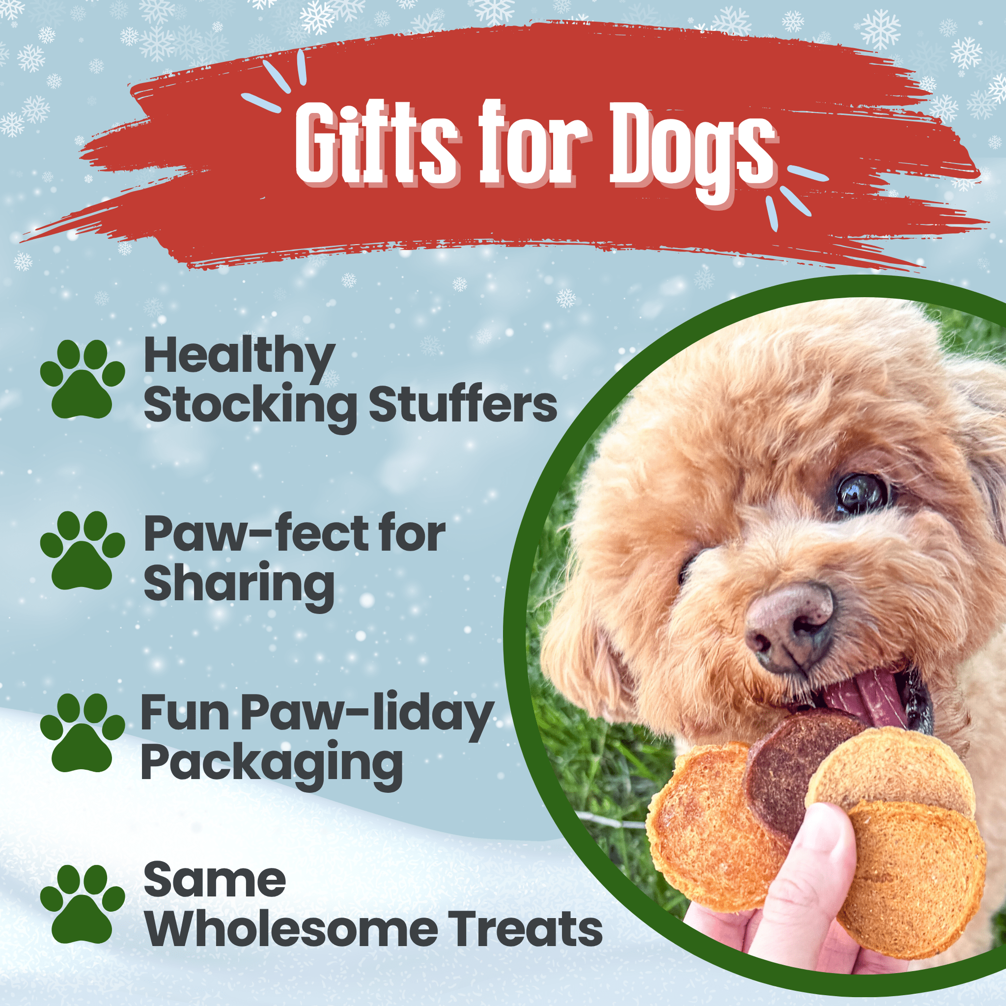 Promotional graphic for dog gifts and dog treats with a dog holding all four proteins from Farm to Pet and text about stocking stuffers and packaging.