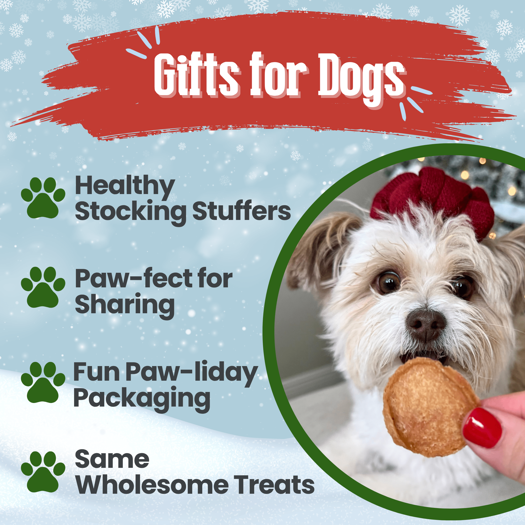Promotional graphic for dog gifts with a dog eating a Farm to Pet treat and text about gift features.