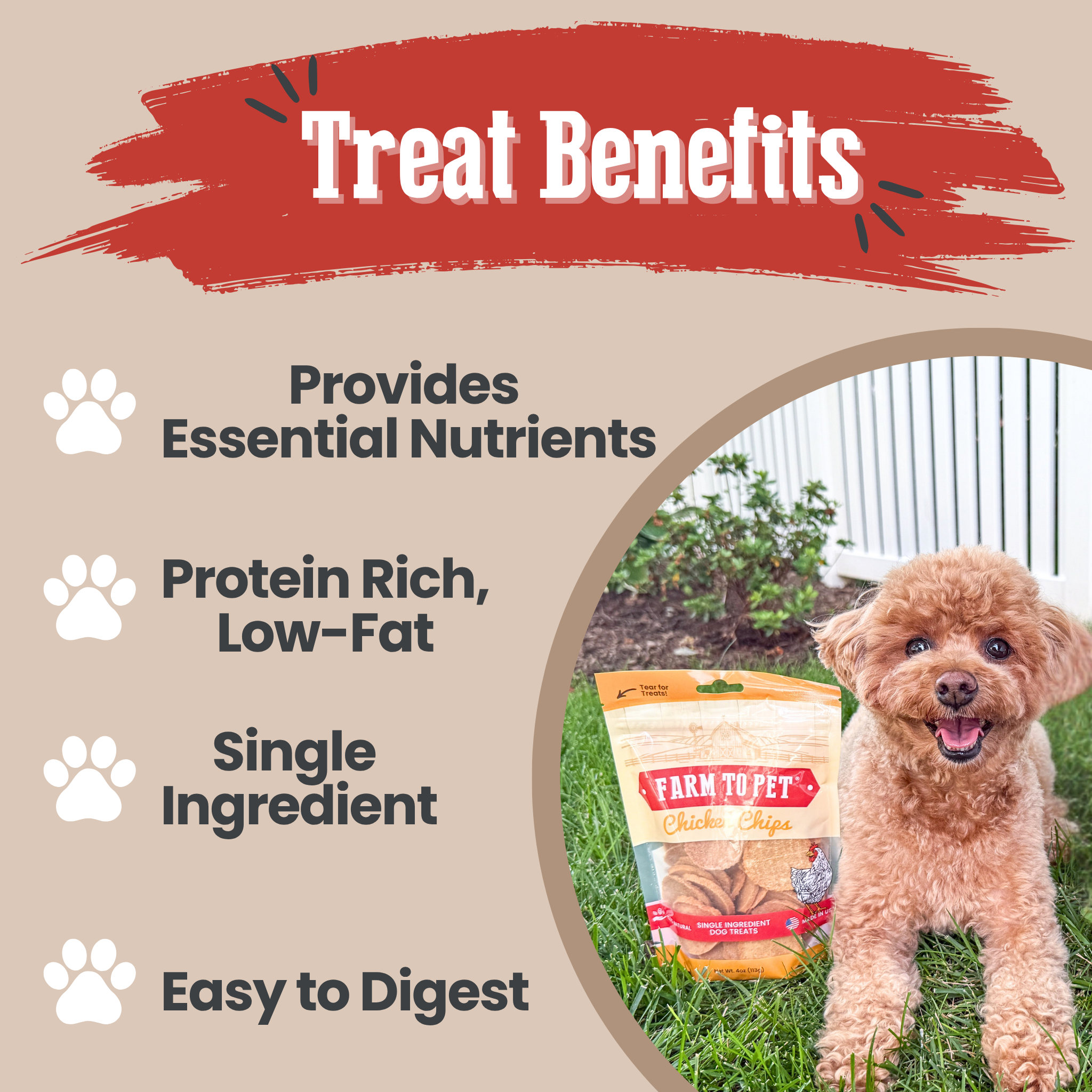 Dog treat packaging with a dog in the background and text highlighting benefits.