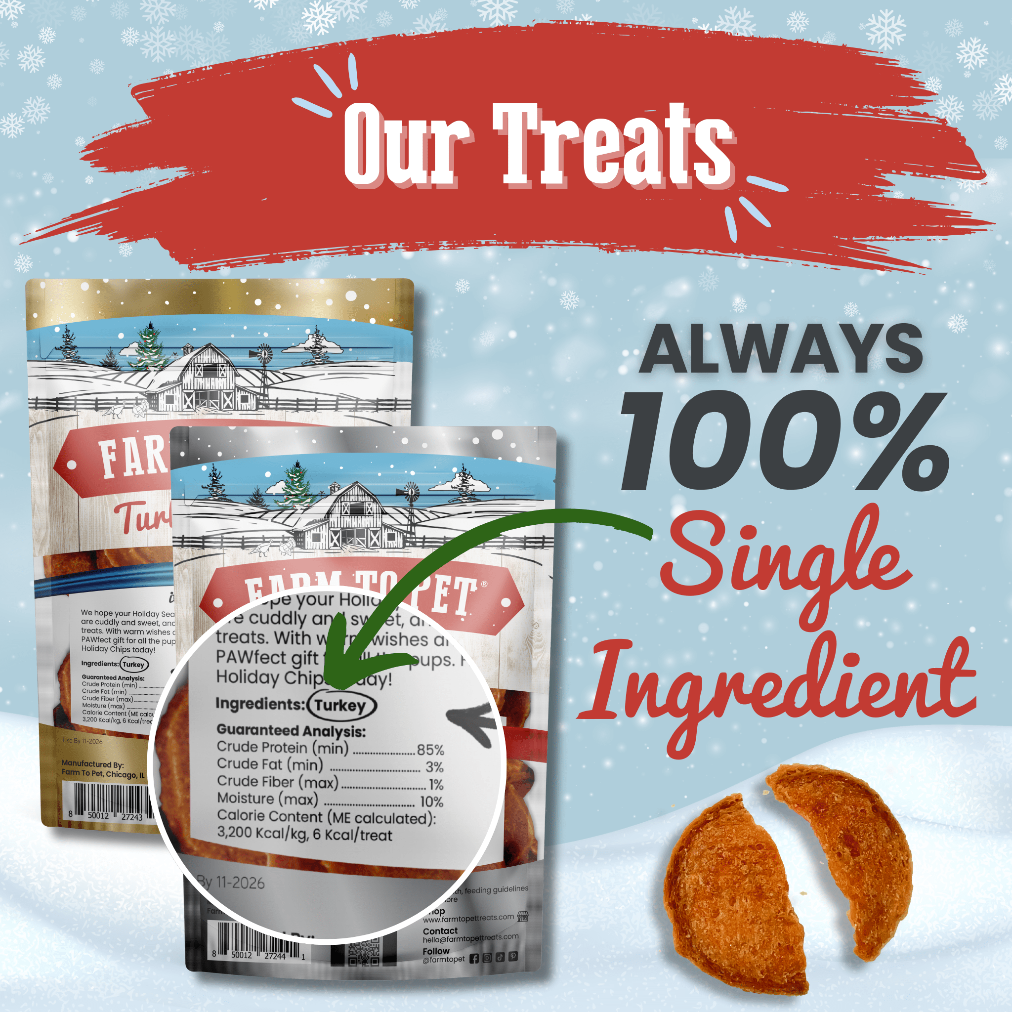 Farm to Pet Dog treat packaging with label and ingredients list, featuring a snowy background and text about single-ingredient treats.