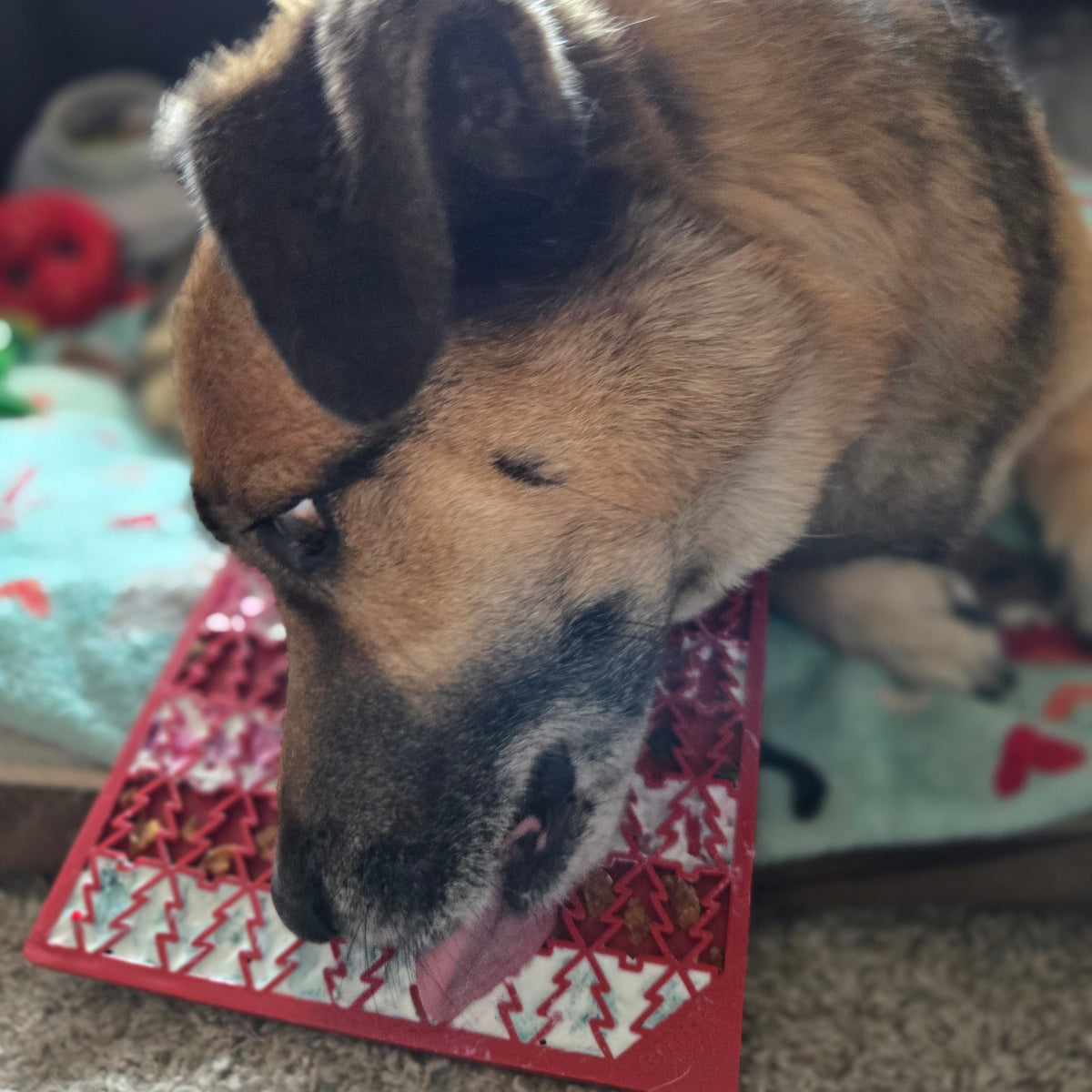 Dog licking a Holiday Red Tree lick mat, a calming enrichment Christmas gift for dogs