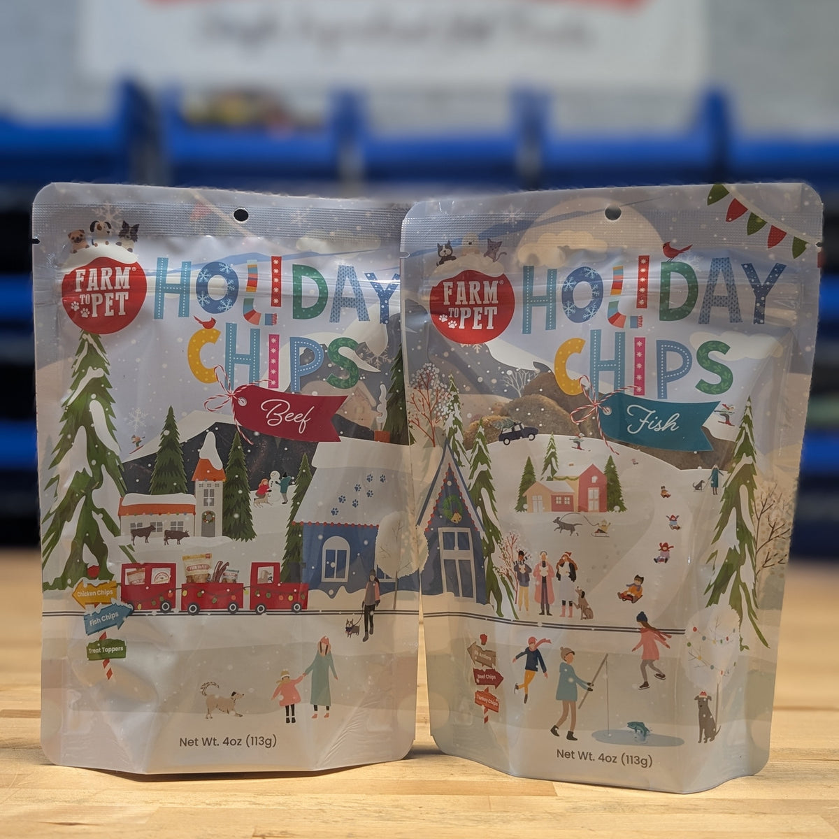 4oz Holiday Beef Chips and Holiday Fish Chips bags, single-ingredient holiday dog treats