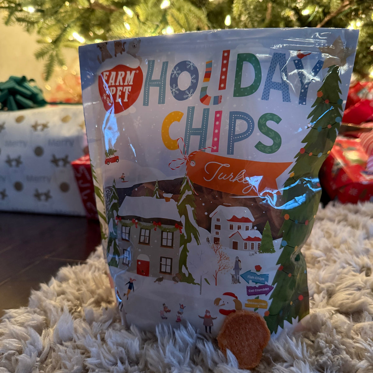 12oz Holiday Turkey Chips bag by the Christmas tree, single-ingredient turkey dog treats