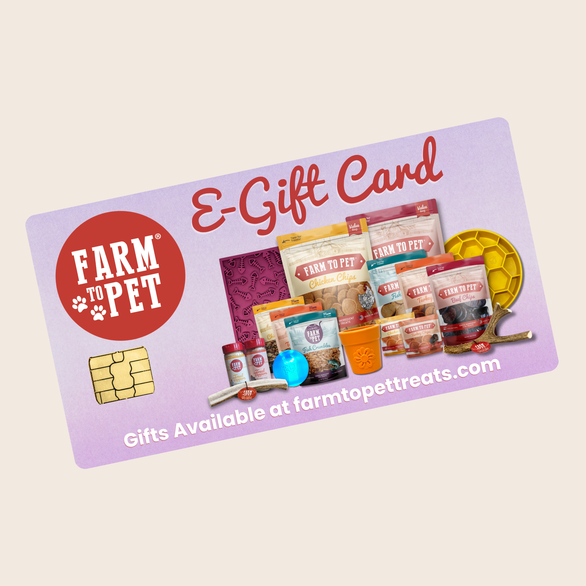 Farm to Pet e-gift card with pet products on a light beige background