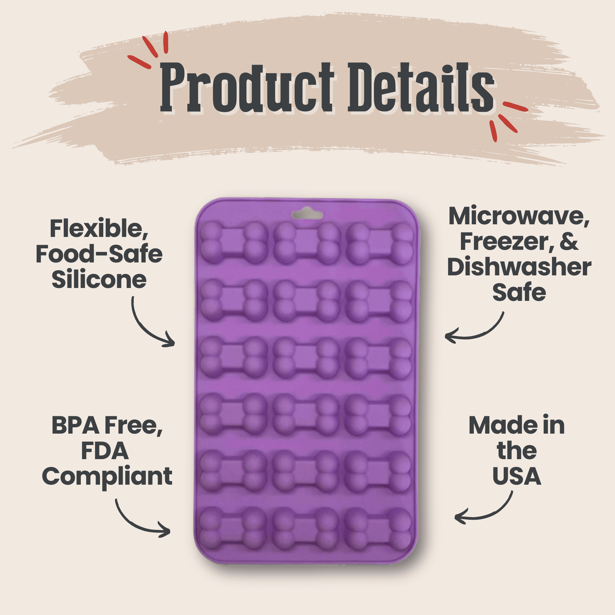 Purple silicone mold with text highlighting features on a beige background