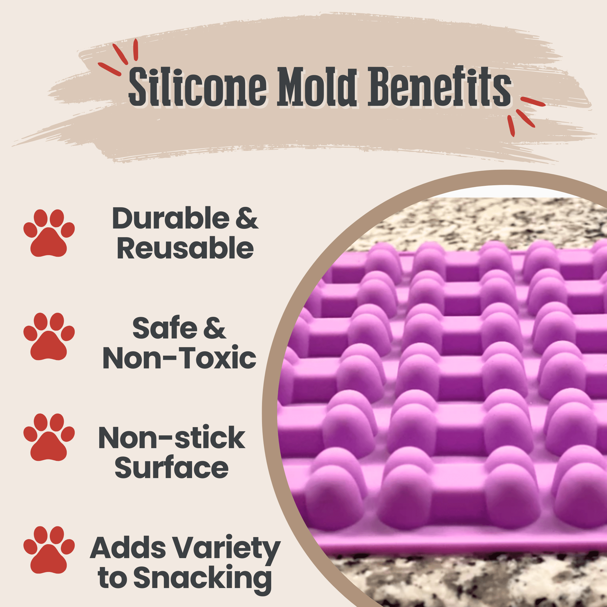 Purple silicone mold with text highlighting benefits on a beige background